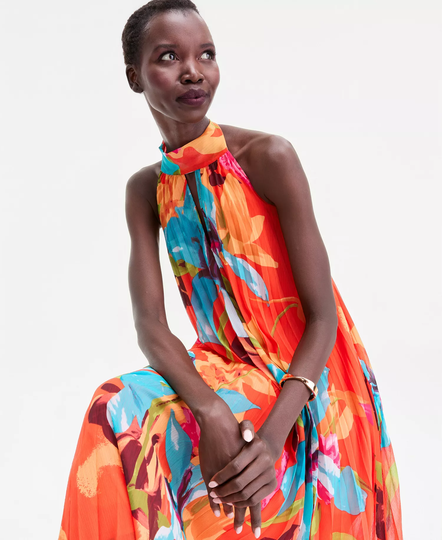 Women's Floral-Print Pleated Halter Maxi Dress, Macy's Exclusive - Tarin Bouq - XL