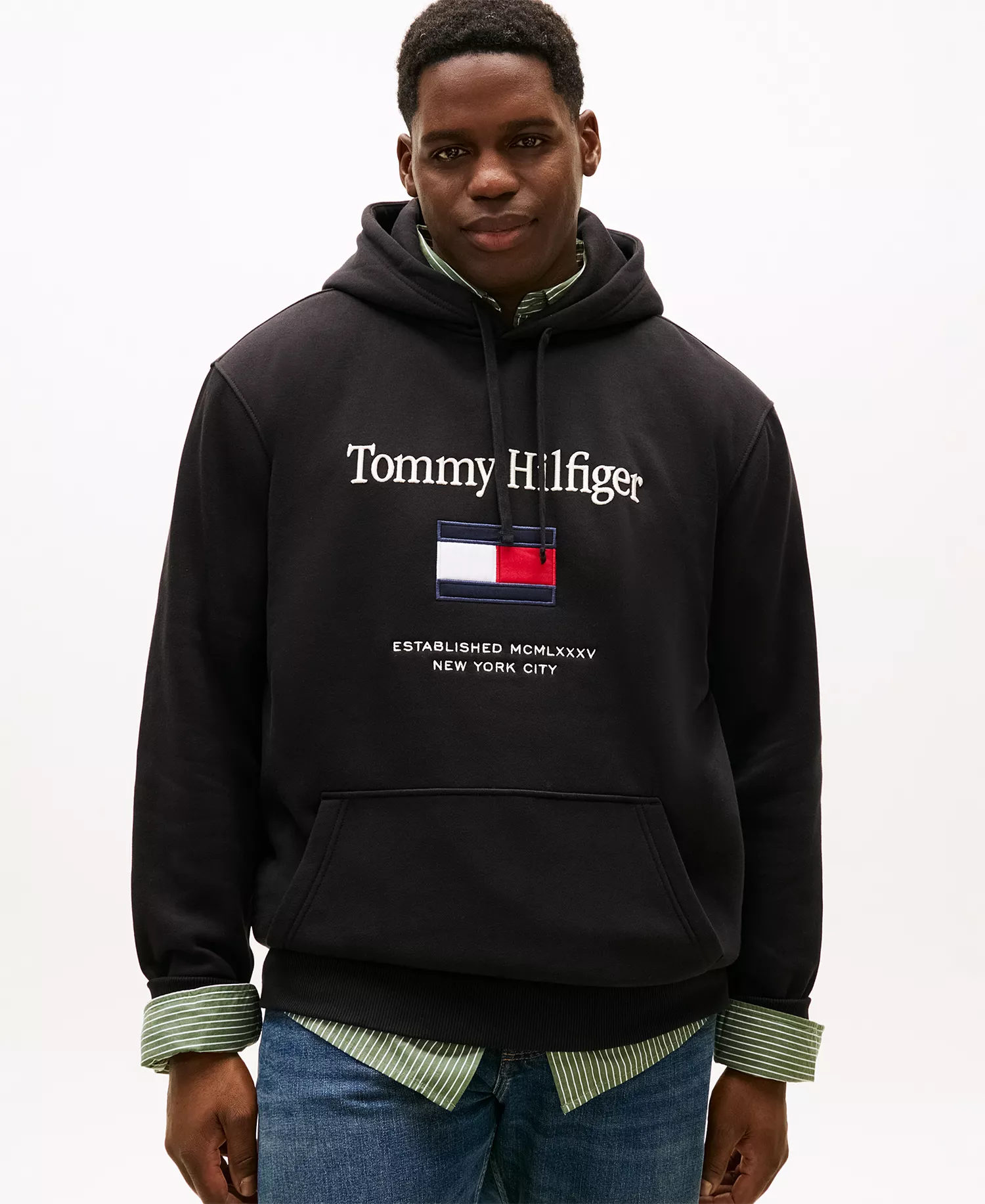 Men's Big & Tall Embroidered Flag Hooded Sweatshirt - Black - 2XLT