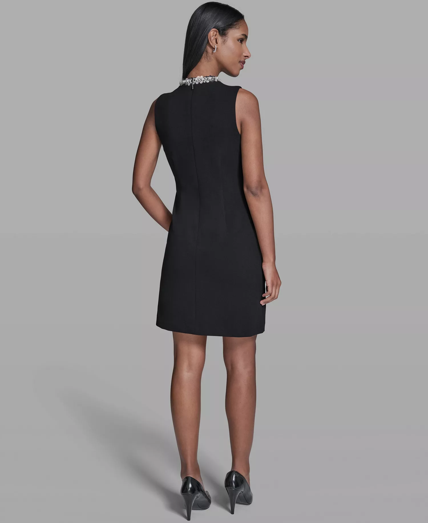 Women's A-Line Embellished Mock Neck Dress - Black - 0