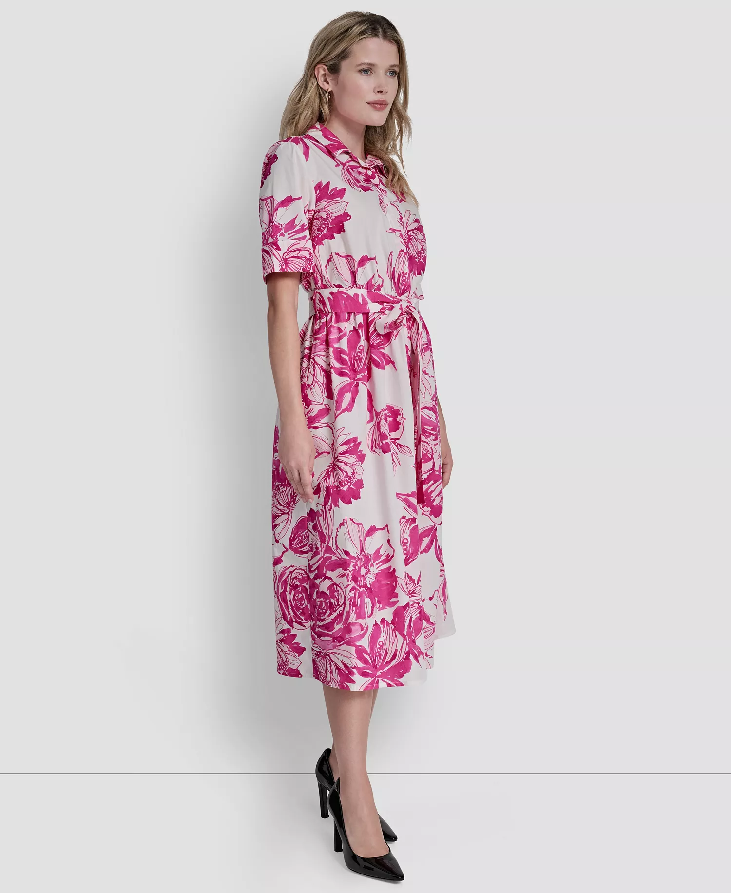 Women's Elbow-Sleeve Button-Front Shirt Dress - Hot Pink Multi - 10