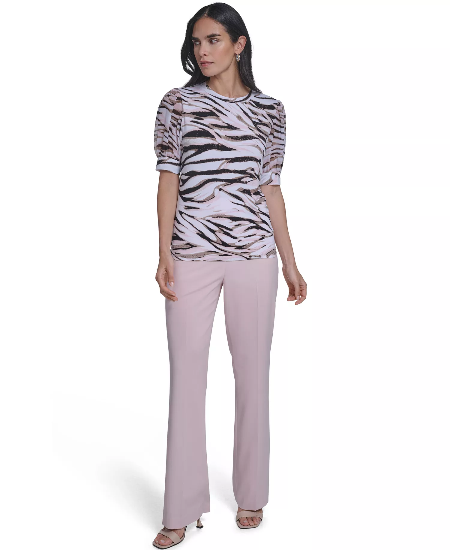 Petite Puff-Sleeve Mixed Media Top - Latte/Petal Pink - P/L