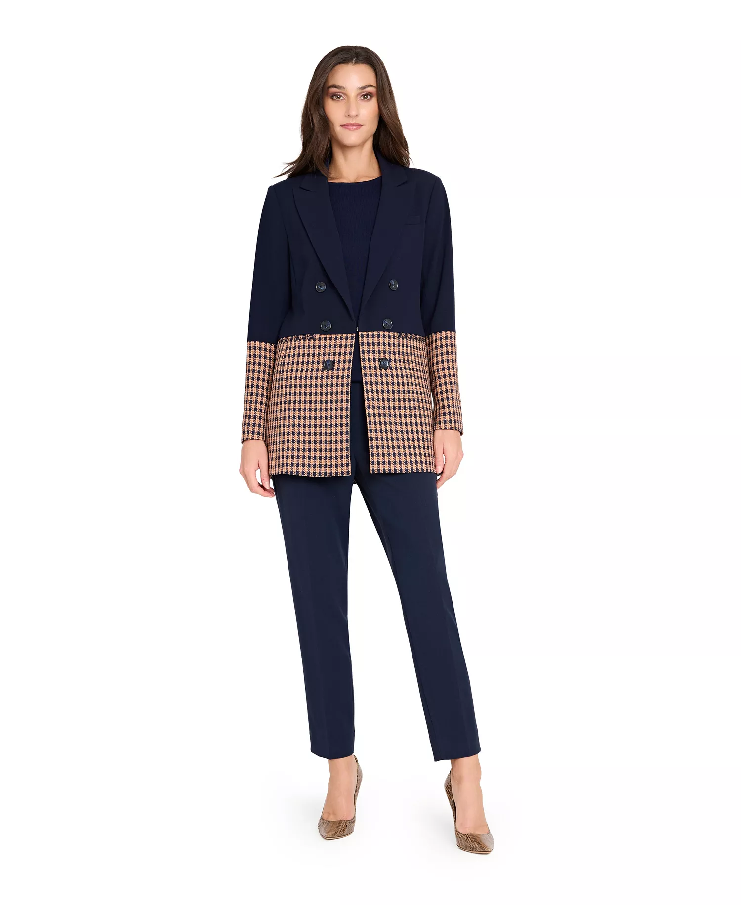 Petite Houndstooth Color Block Jacket - Navy/ginger - 10P
