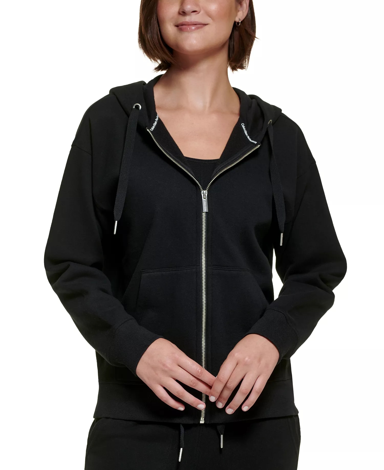 Women's Fleece Long-Sleeve Zip-Front Hoodie - Black - L