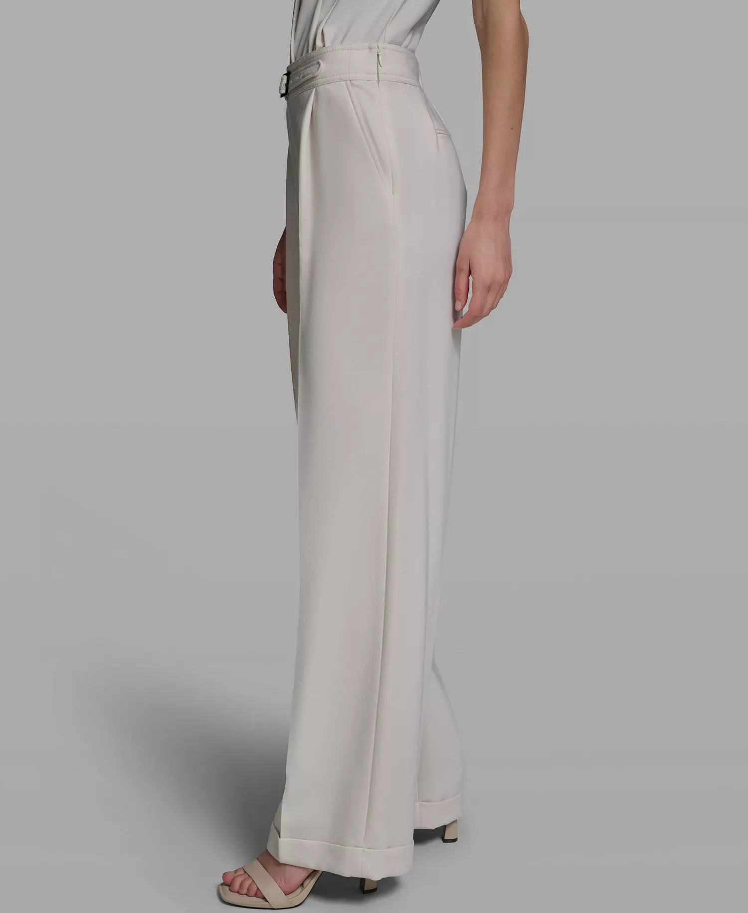 Women's Mid-Rise Elastic-Back Belted Wide-Leg Pants - Bisque - 0