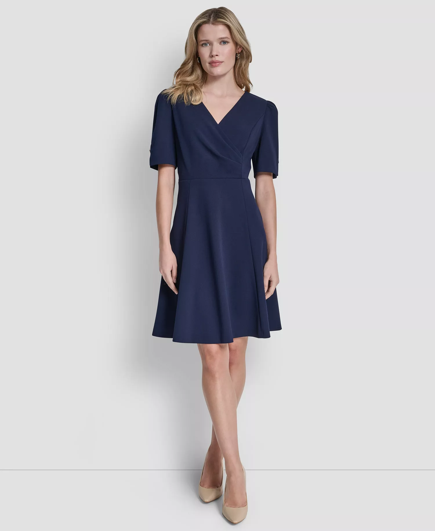 Women's Short-Sleeve V-Neck Fit and Flare Scuba Crepe Dress - Spring Navy - 10
