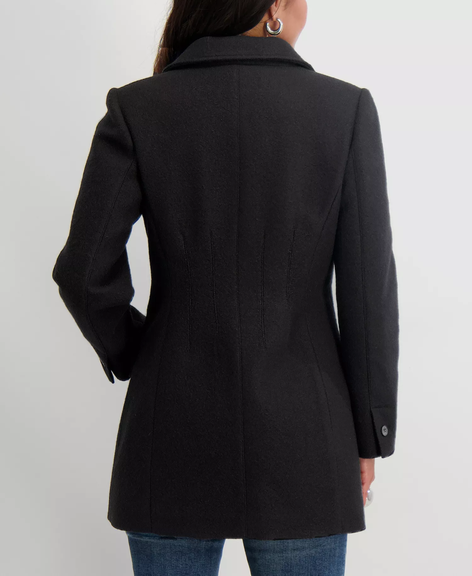 Women's Notched-Collar Single-Breasted Peacoat - Black - L