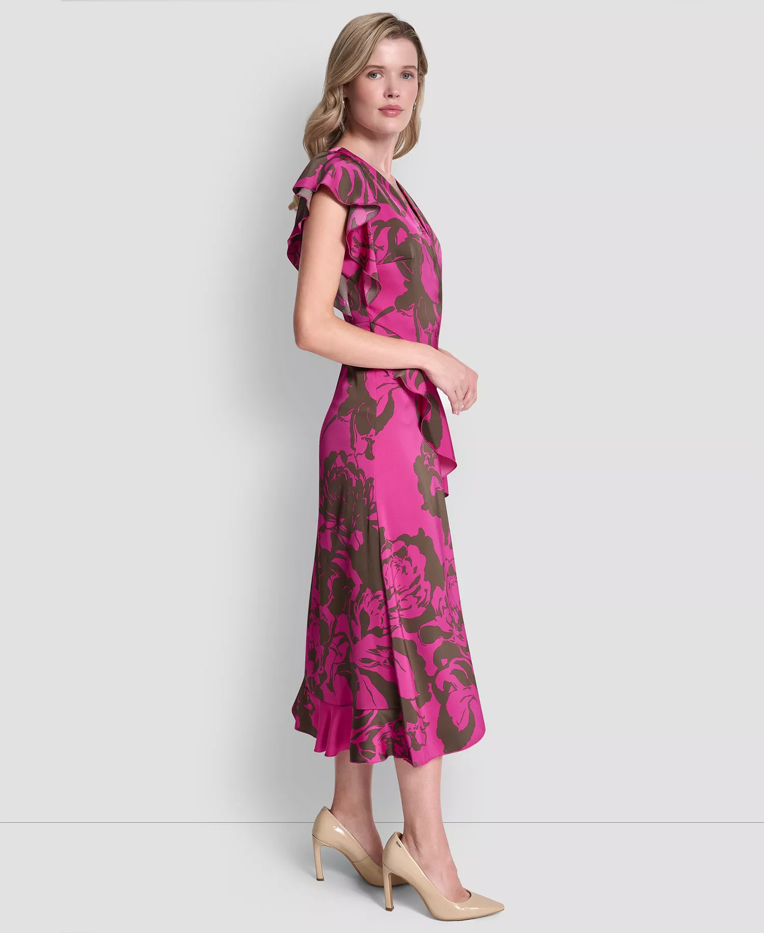 Women's Cap-Sleeve Surplice Neck Ruffle Midi Dress - Rose Violet/Morel - 10