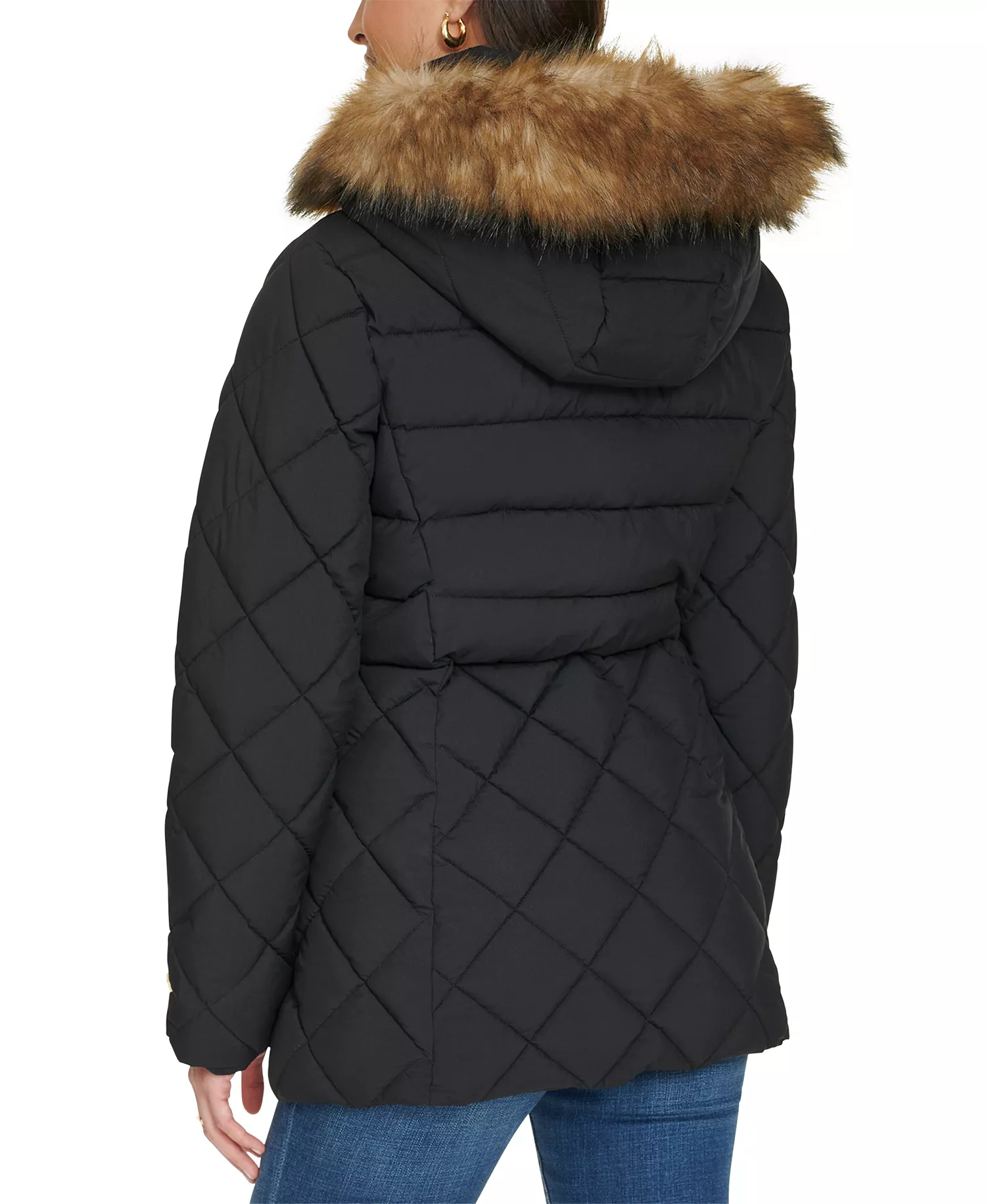 Women's Bibbed Faux-Fur-Trim Hooded Puffer Coat, Created for Macy's - Black - L