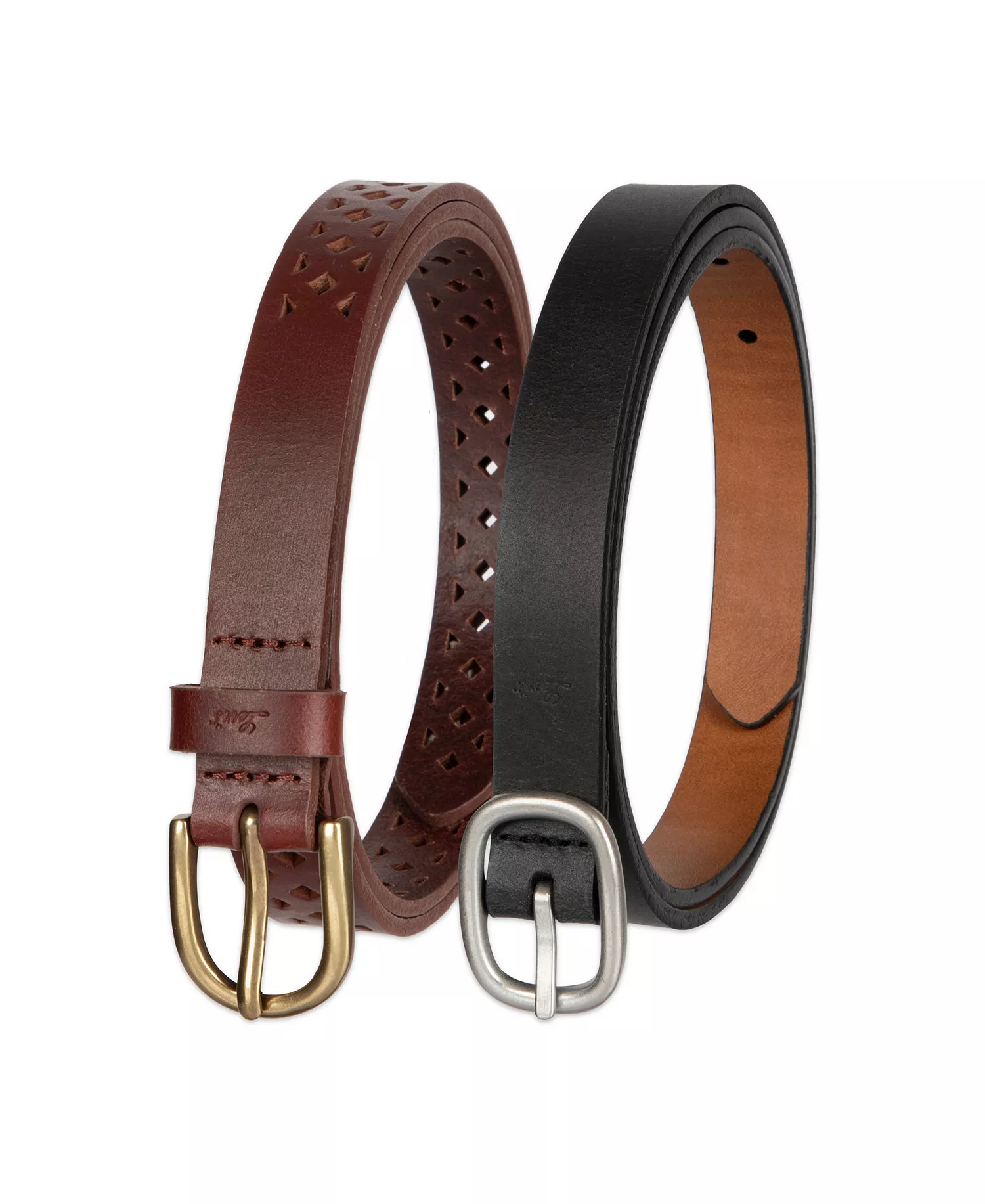 Women's 2-Pack Perforated and Reversible Skinny Casual Belt Set - Black/Tan Brown - Extra Large