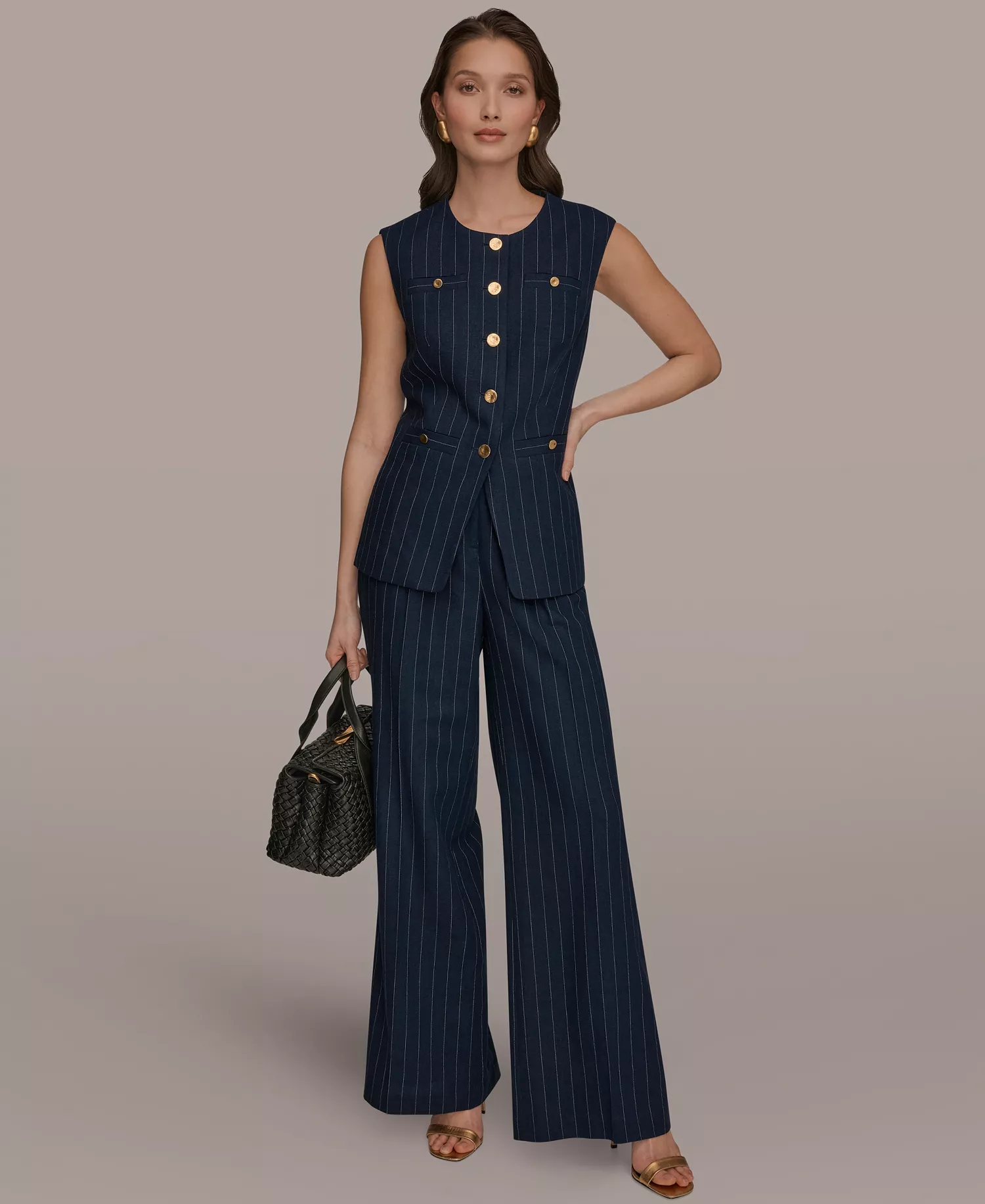 Women's Sleeveless Pinstripe Vest, Regular & Petite - Nightfall/Cream - 0