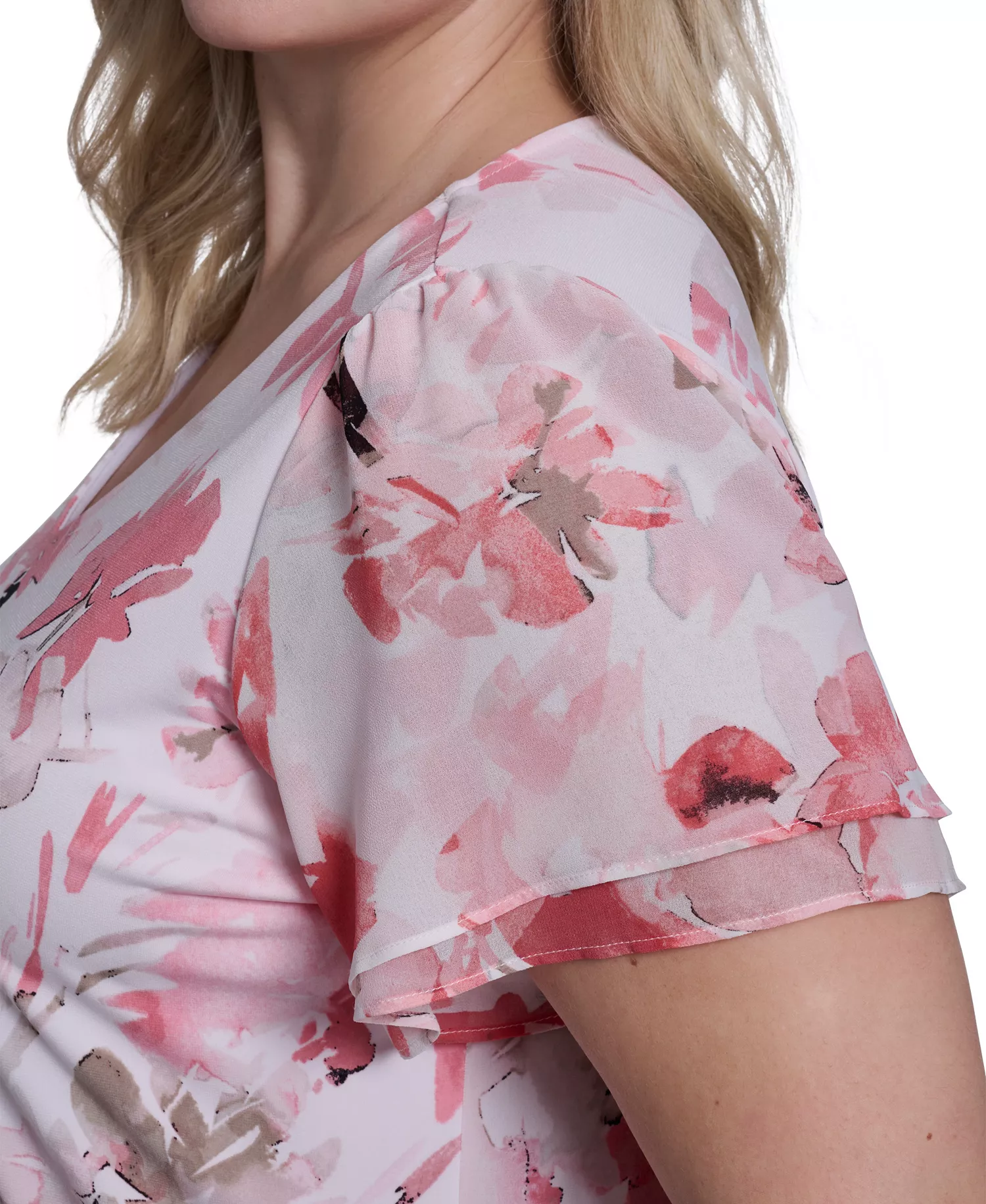 Plus Size Printed V-Neck Short-Sleeve Top - Petal/Latte Multi - 1X