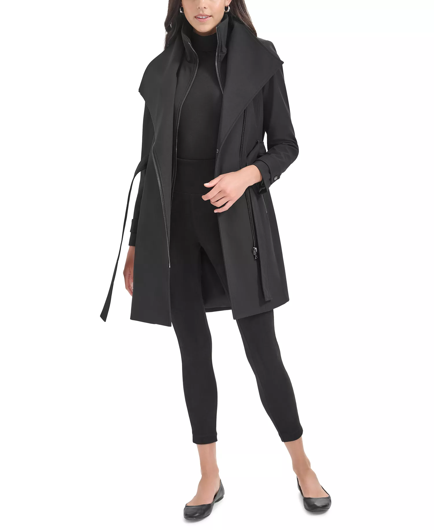 Women's Belted Wrap Coat - Black - L