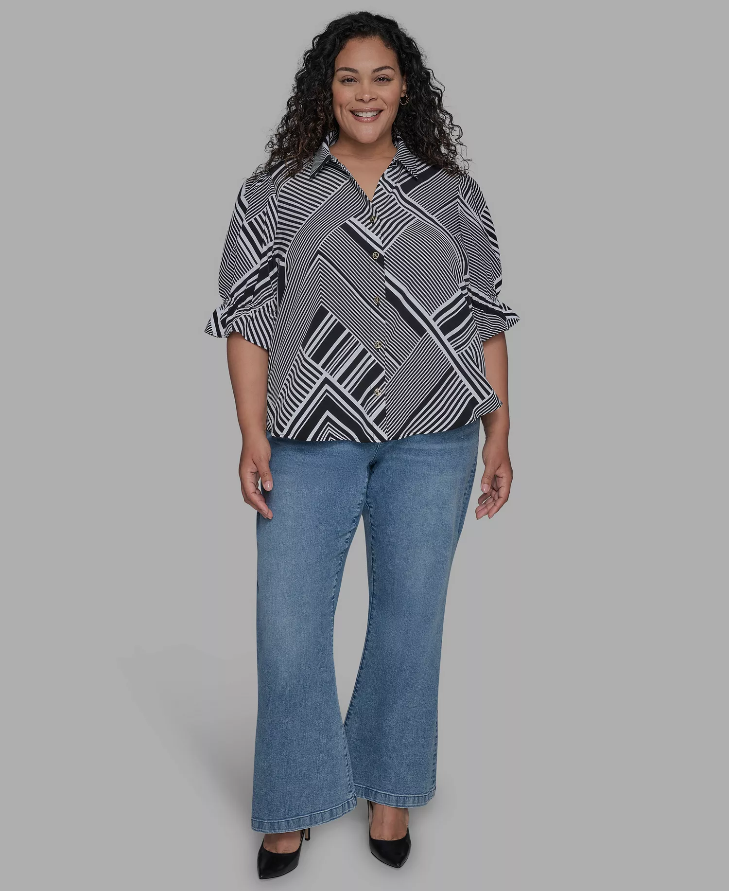 Plus Size Geo-Print Puff-Sleeve Shirt - Black Soft White - 0X