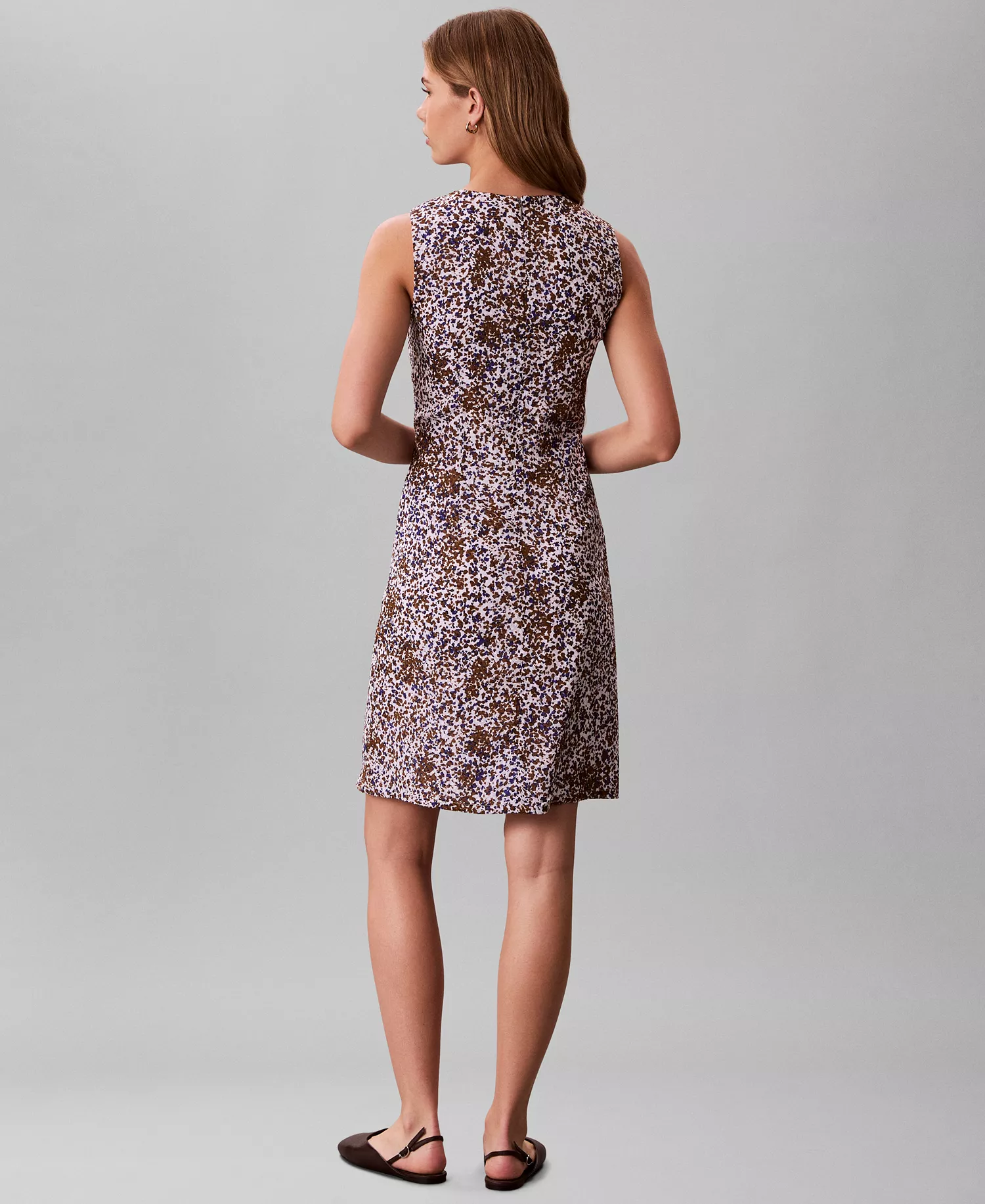 Women's Printed V-Neck Mini Dress - Sepia Flecked Animal Print - L