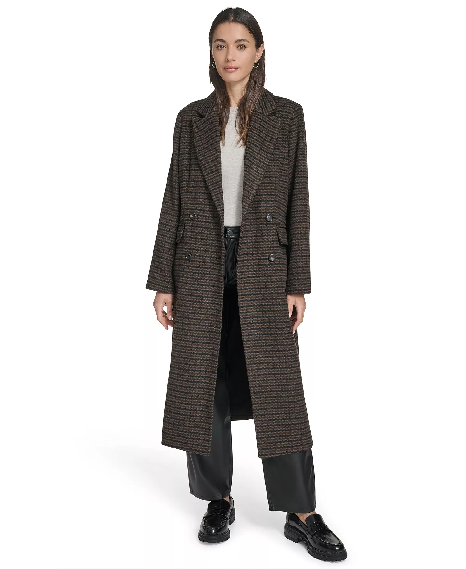 Women's Regular Double Breasted Blazer Coat - Black/Brown Houndstooth - L