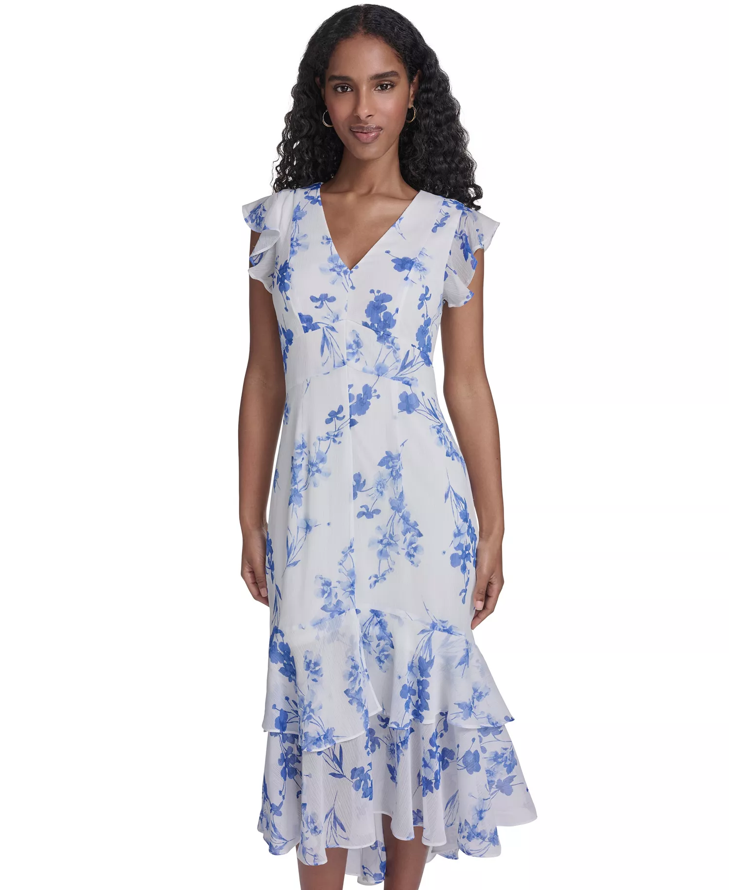 Women's Flutter-Sleeve V-Neck Midi Dress - Ivory/french blue - 10