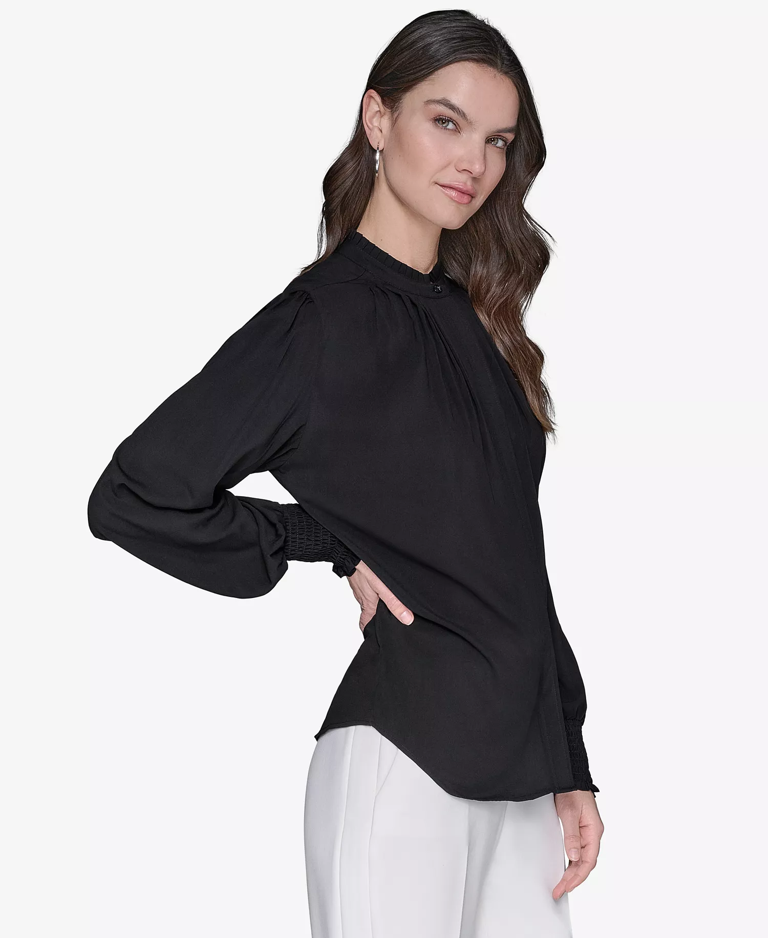 Women's Blouson-Sleeve Button-Front Blouse - Black - L