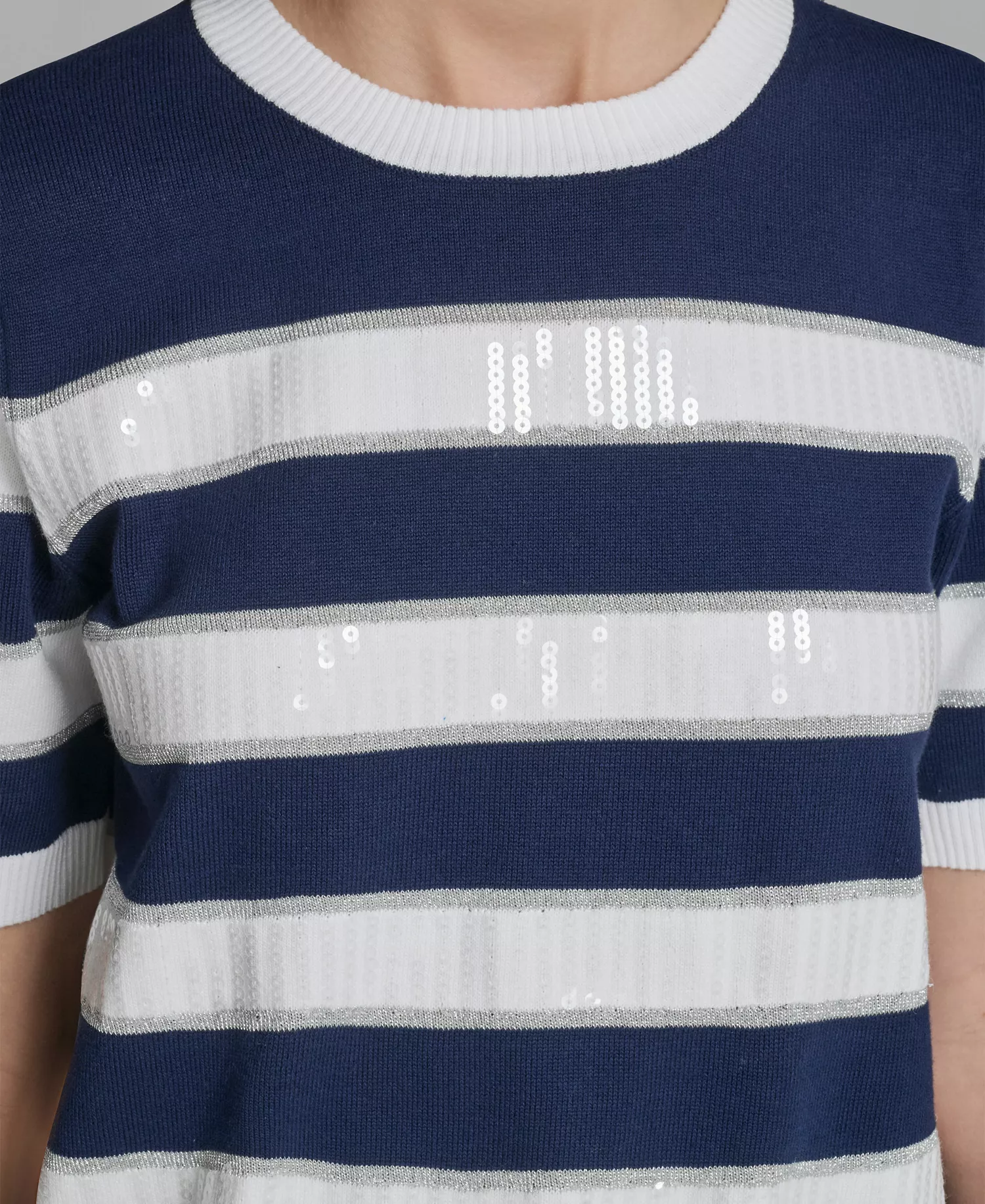 Women's Short-Sleeve Crewneck Sequin Stripe Sweater - Navel Academy/soft White - L