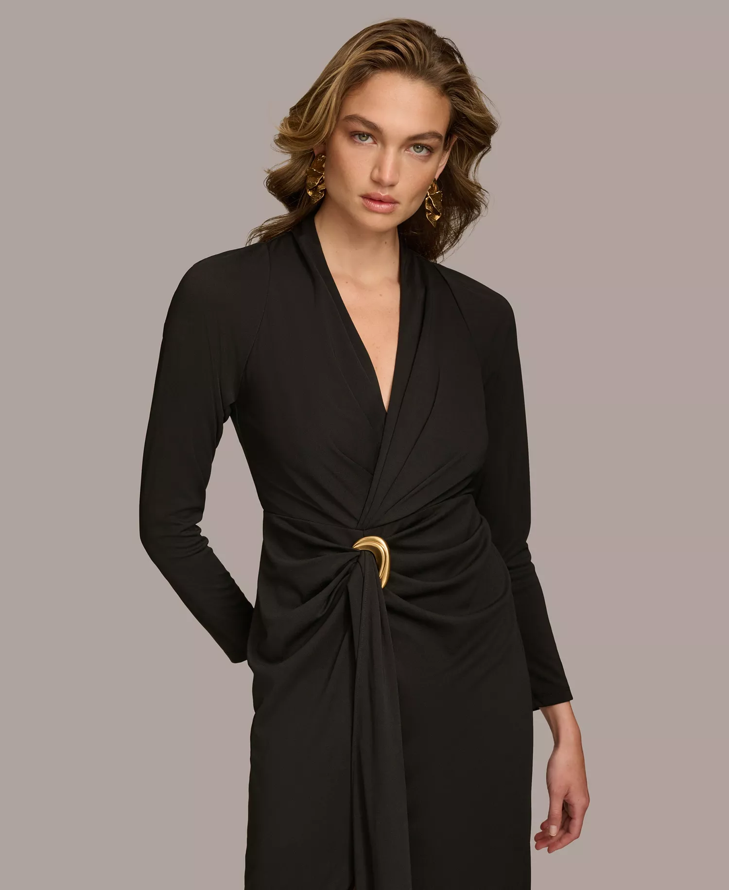 Women's Long Sleeve Front Slit Ruched Gown - BLACK - 10