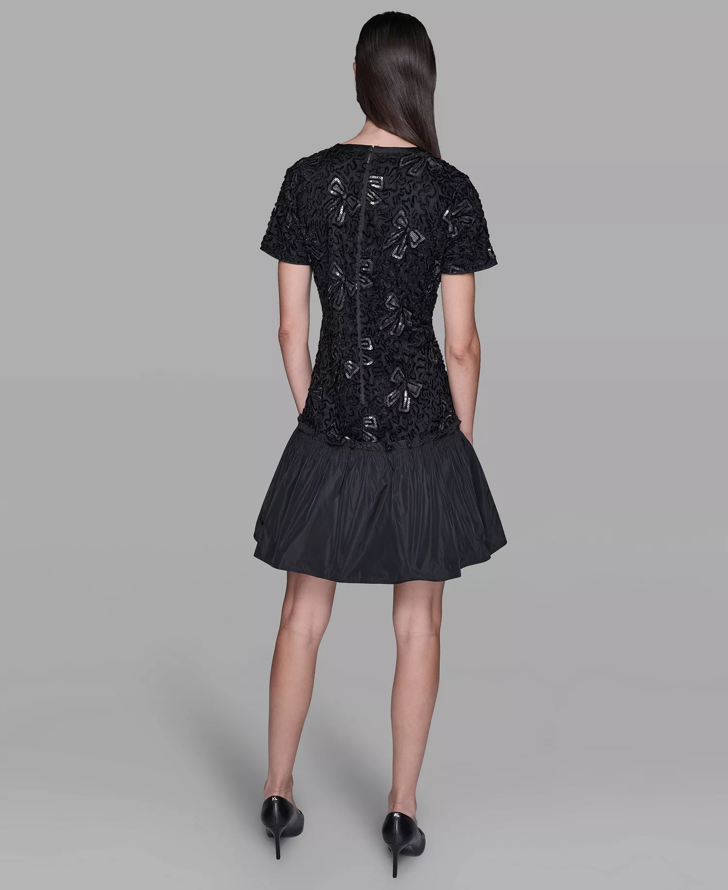 Women's Sequin Bow Applique Drop-Waist Dress - Black - 0