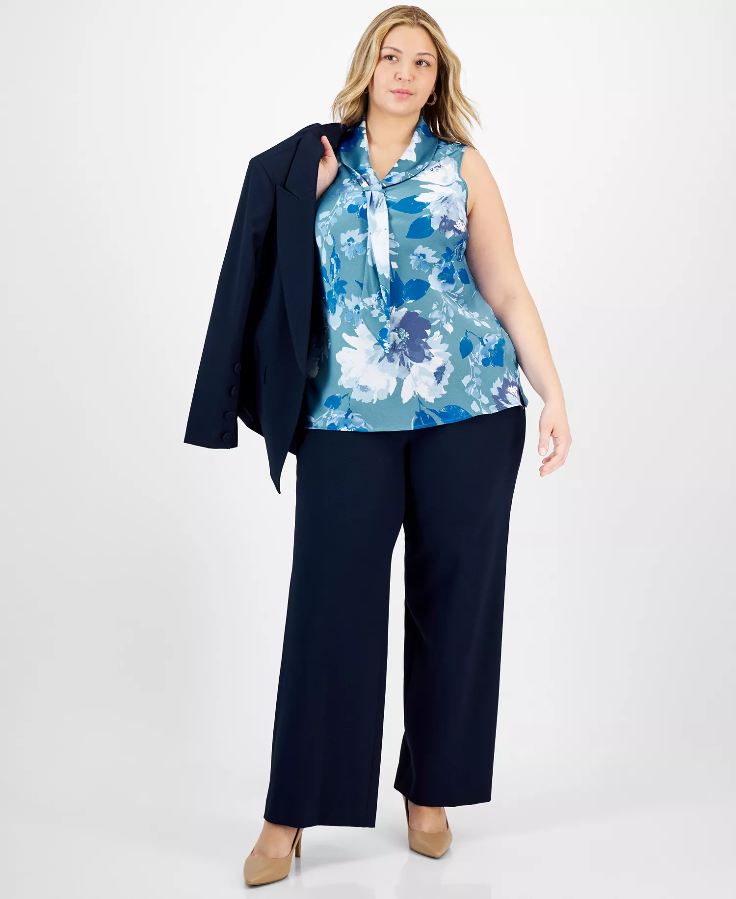 Plus Size Long-Sleeve One-Button Blazer, Sailor Tie-Neck Blouse & Mid-Rise Wide-Leg Pants - Teal Blue - 1X