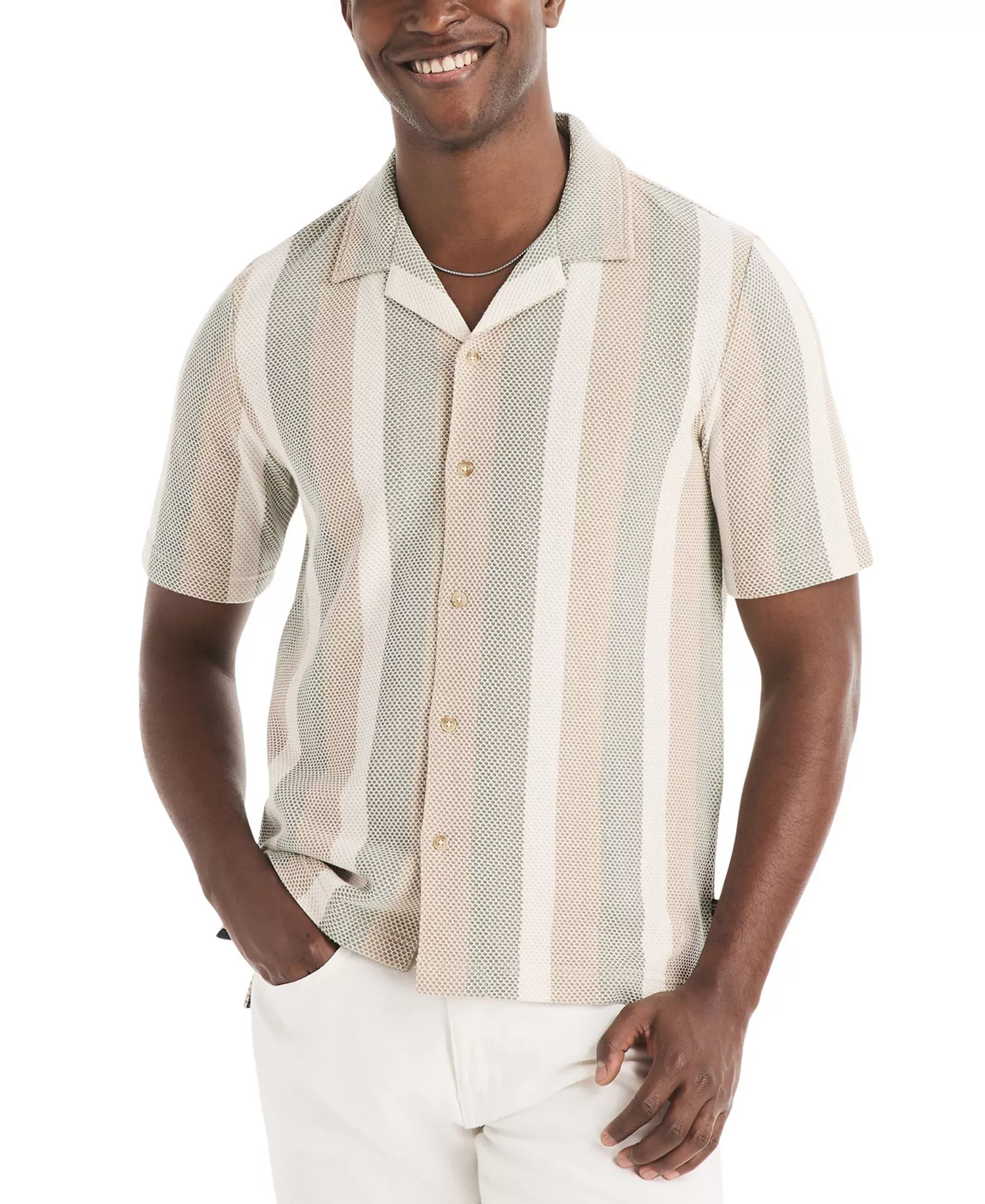 Men's Short-Sleeve Textured Stripe Polo Shirt - Natural - L