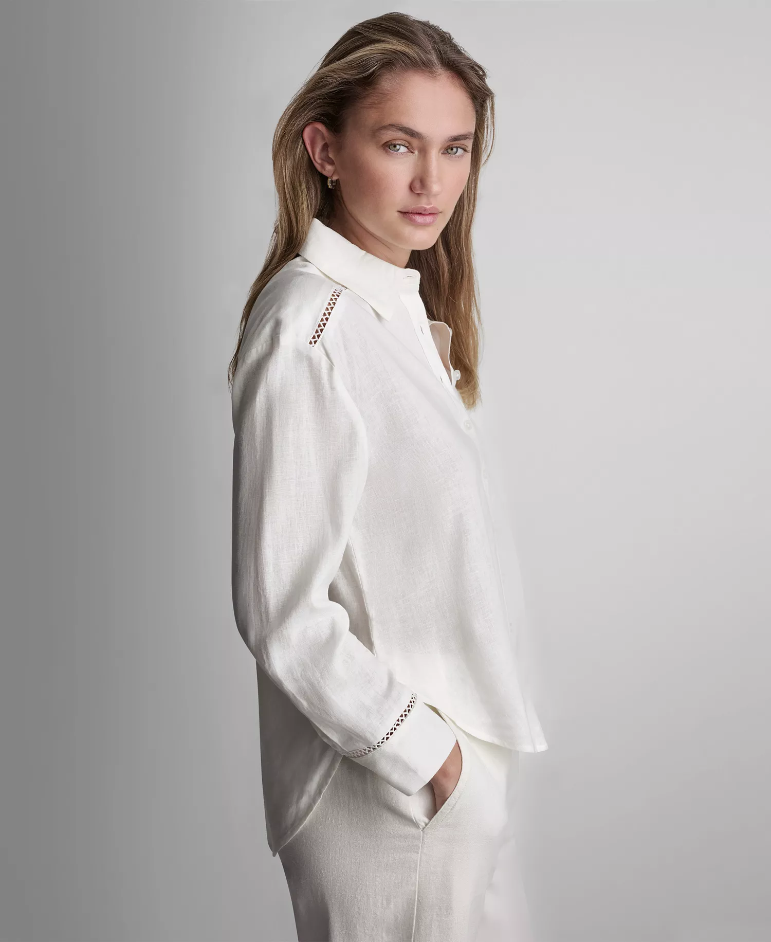 Petite Linen-Blend Long-Sleeve Button-Front Shirt - Ivory - PL