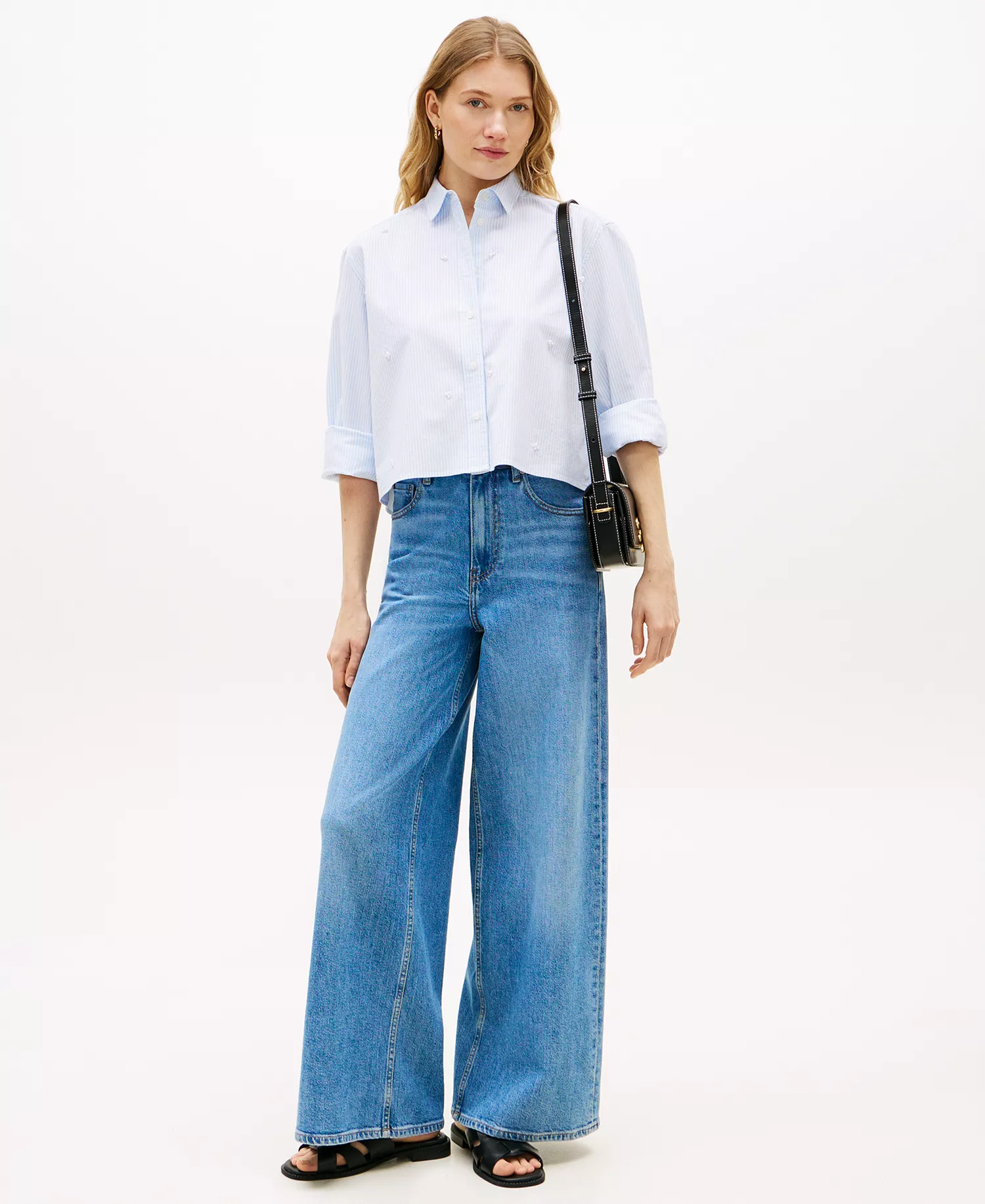 Women's Bling Cropped Long-Sleeve Shirt - Classic Ithaca White Vessel Blue - L