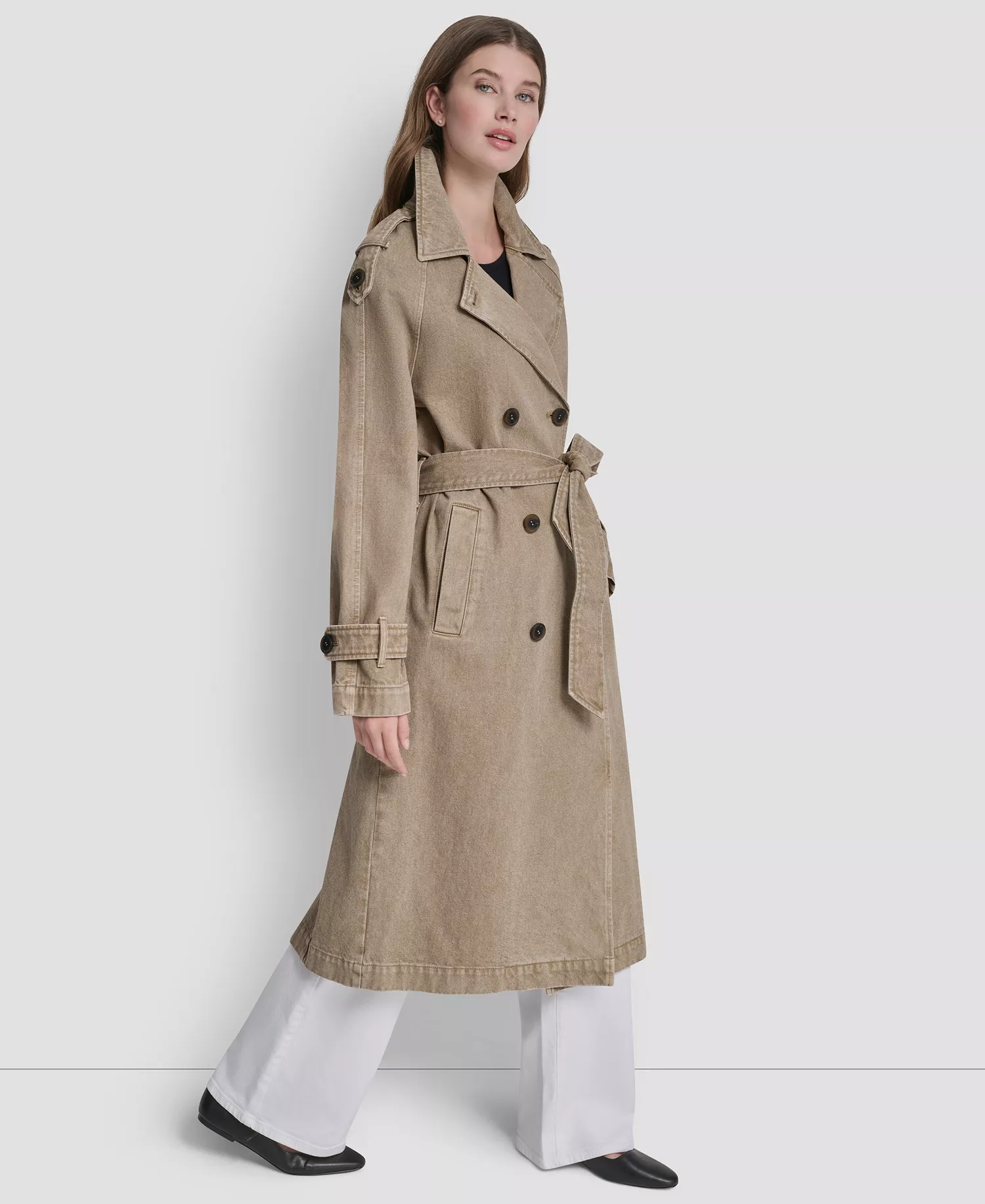 Women's Double Breasted Denim Belted Trench Coat - Khaki - L