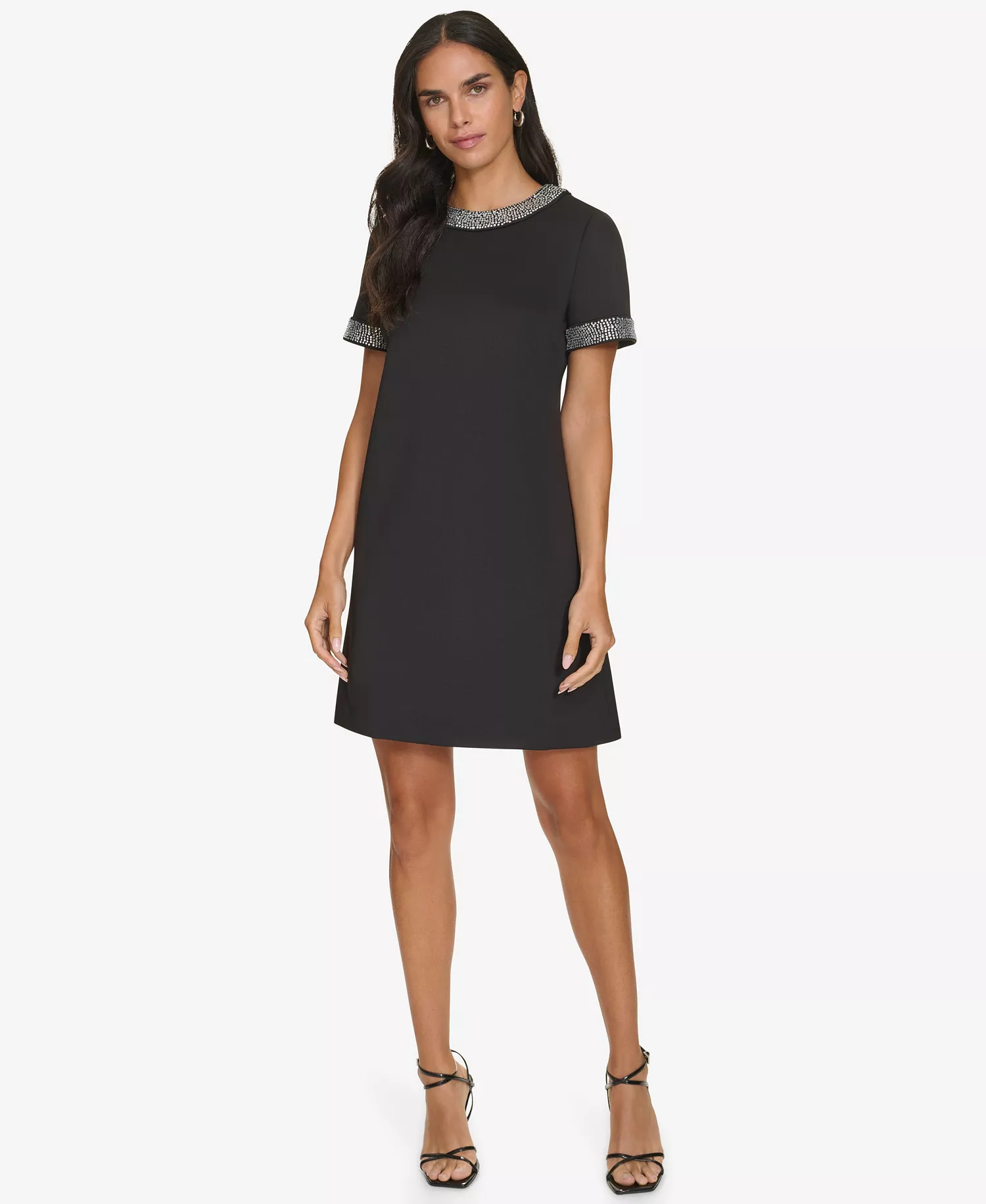 Women's Short Sleeve Bling Trim Shift Dress - Black - 6