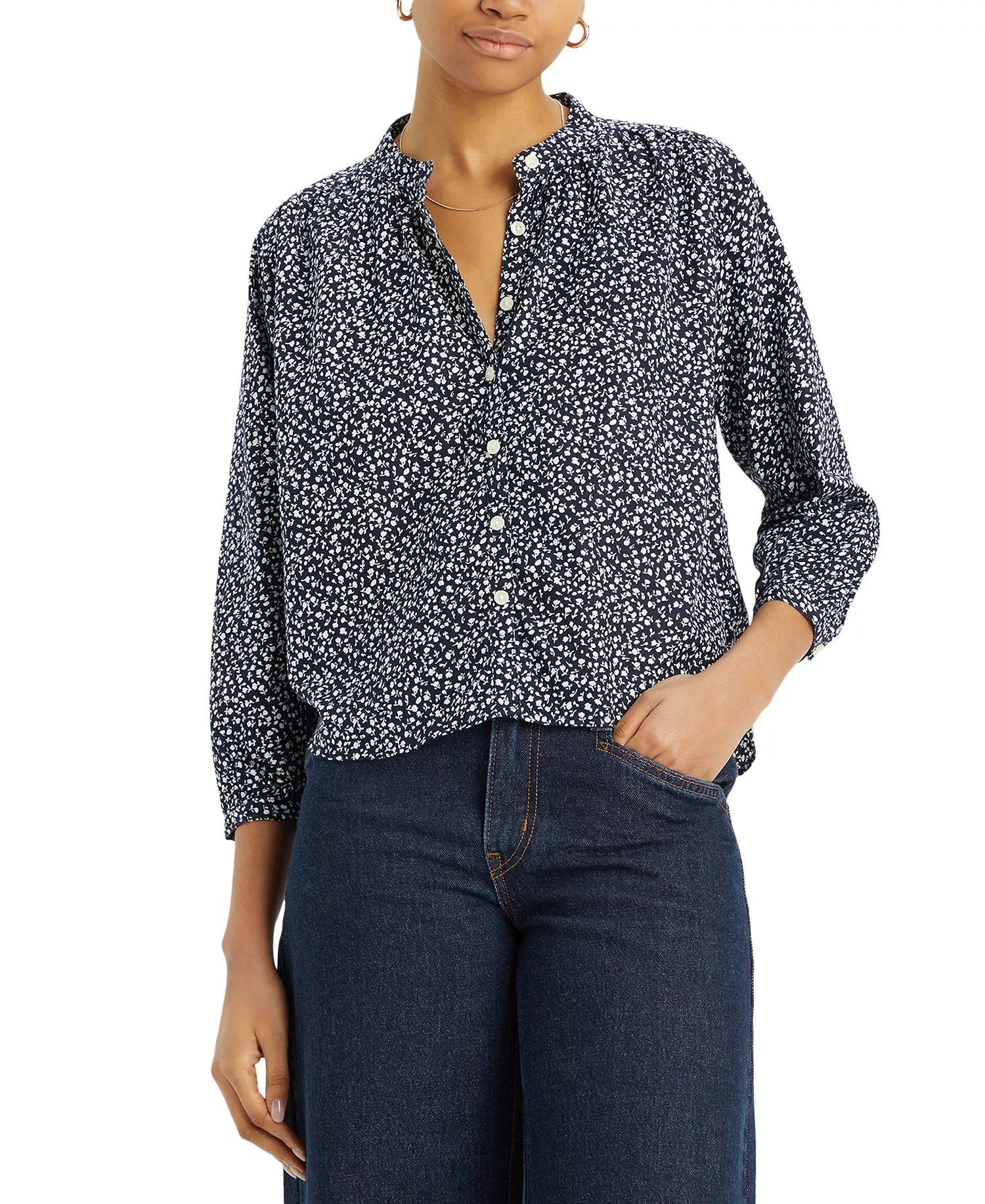 Women's Lilah Button-Front 3/4-Sleeve Blouse - Alarcon Floral Navy Blazer - L