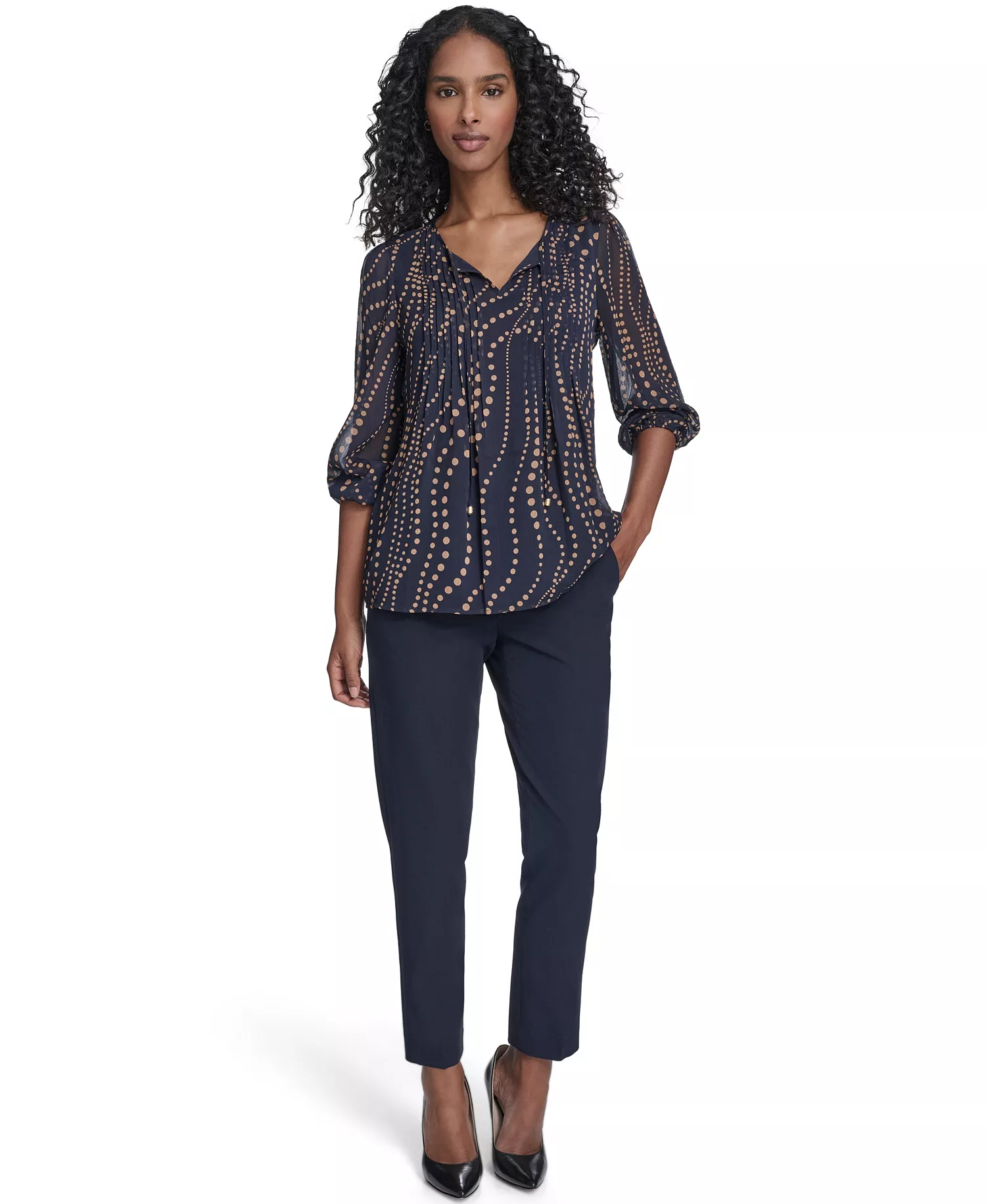 Women's Cascade Dot Pintuck Long Sleeve Blouse - Midnight/ Brown Sugar - L