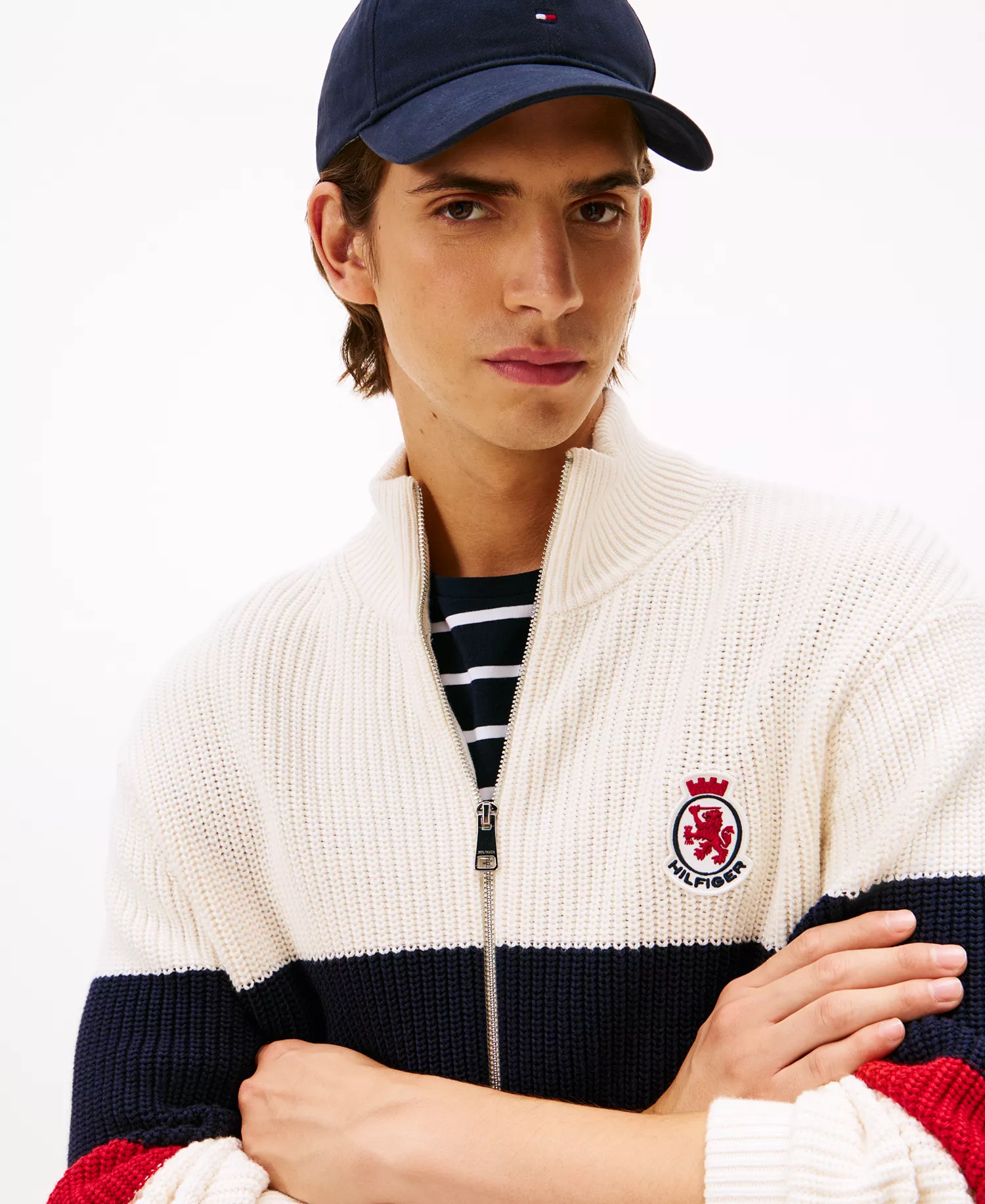 Men's Crest Logo Patch Zip-Through Stripe Sweater - Ivory Petal - L