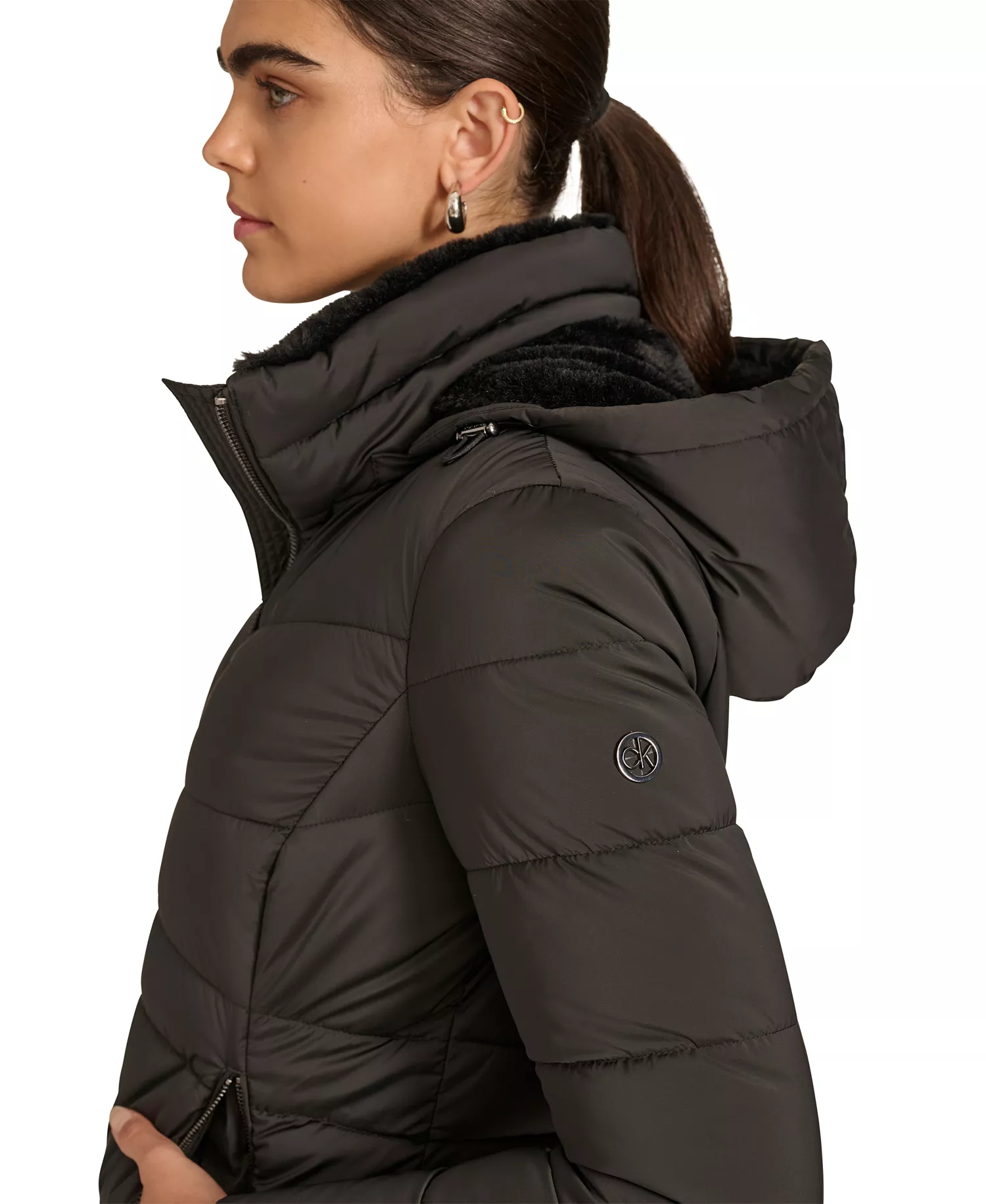 Petite Faux-Fur-Lined Hooded Puffer Coat - Black - PXXL