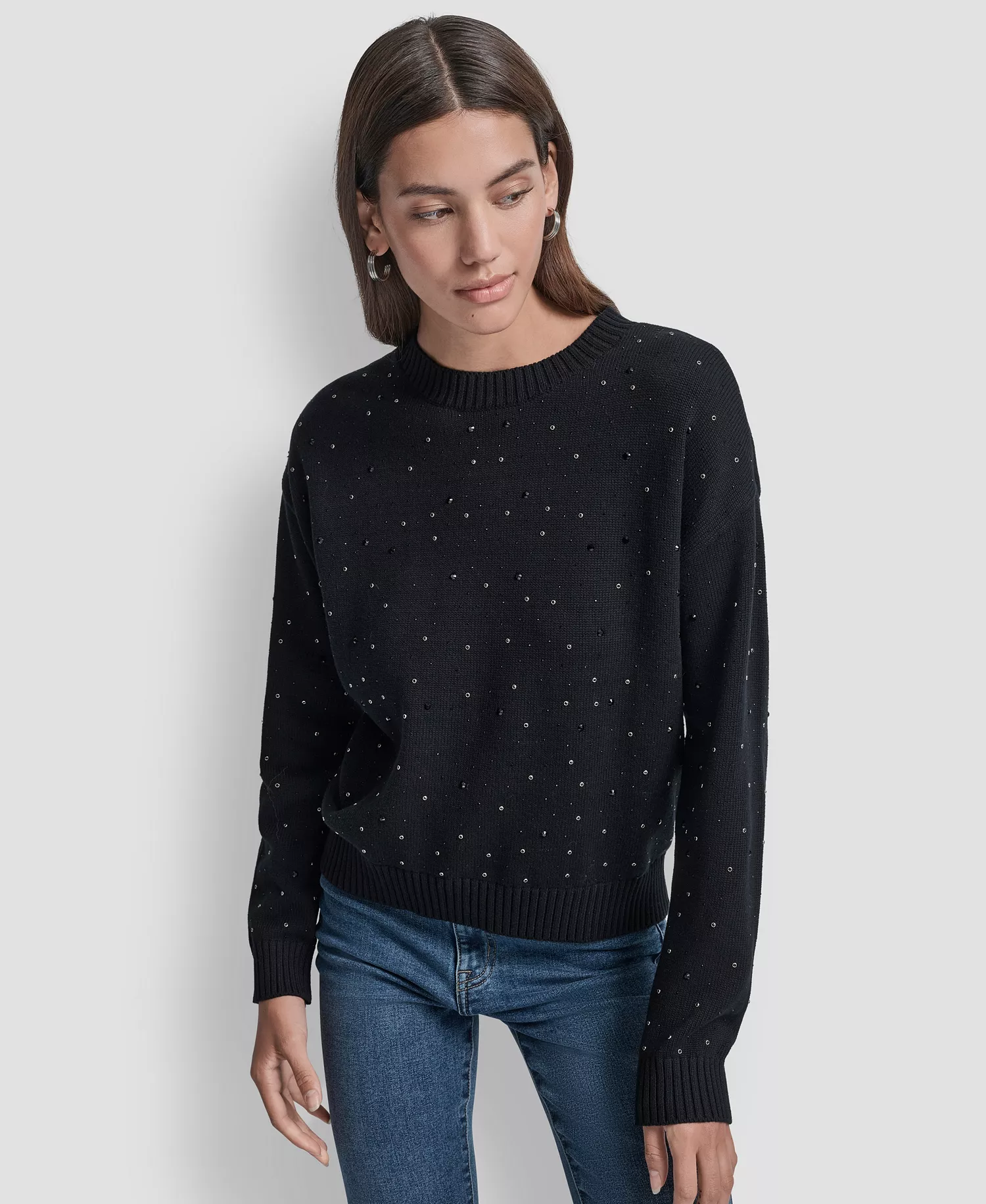 Women's Rhinestone Embellished Crewneck Sweater - Black - S