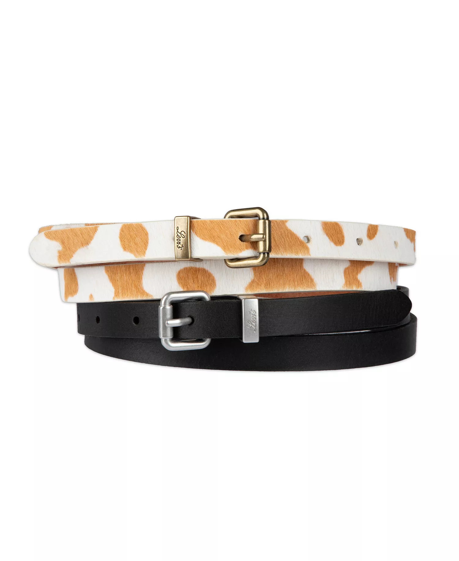 Women's 2-Pack Solid Cow Print Skinny Casual Belt Set - Brown Cow/Black - Extra Large