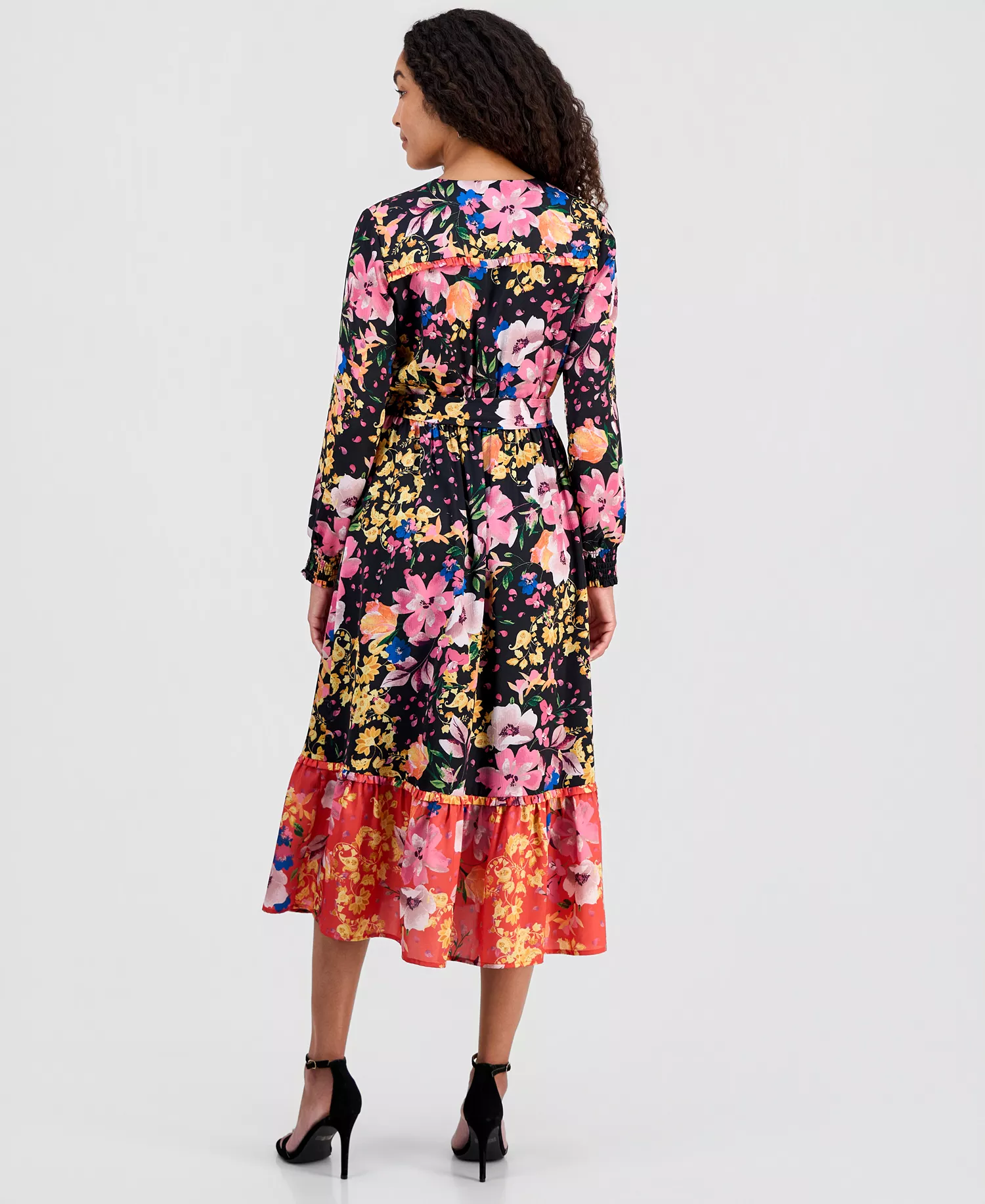 Women's Mixed Floral-Print Tiered Fit & Flare Dress - Gilded Garden Print - L