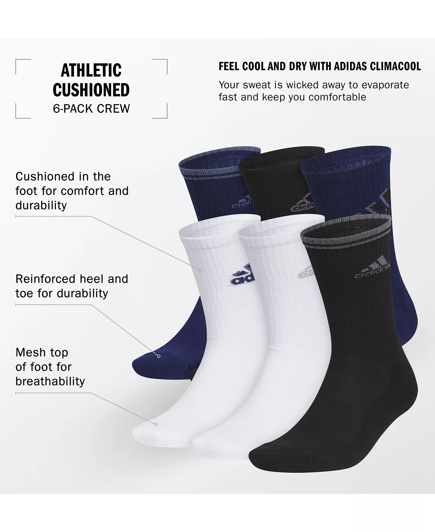 Men's 6pk. Athletic Cushioned Crew Socks - Dark Blue/white/black - ONE SIZE