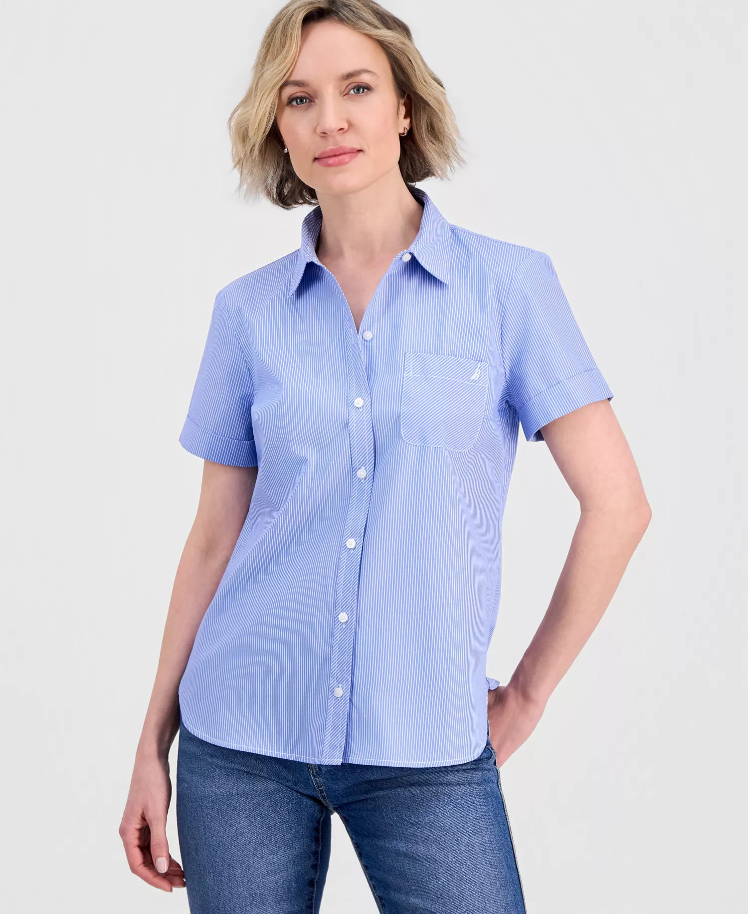 Jeans Women's Newport Stripe Cotton Camp Shirt - Blue/ White - L
