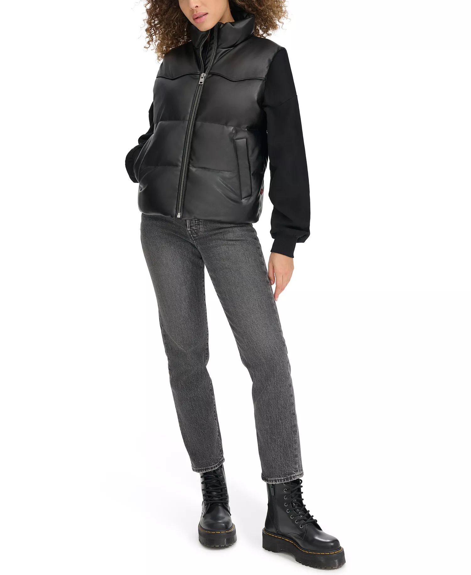 Women's Faux Leather Western Puffer Vest - Black - M