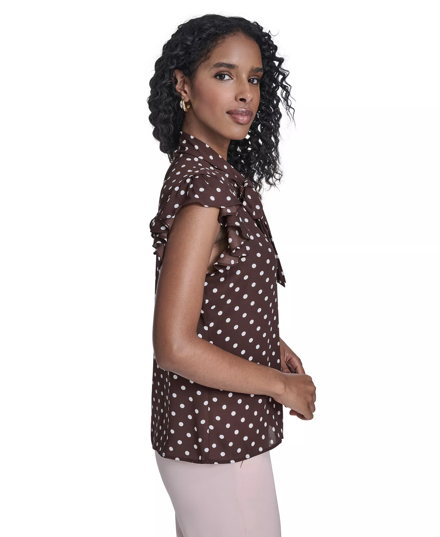 Women's Dot Tie Neck Top - Chicory/ Ivory - L
