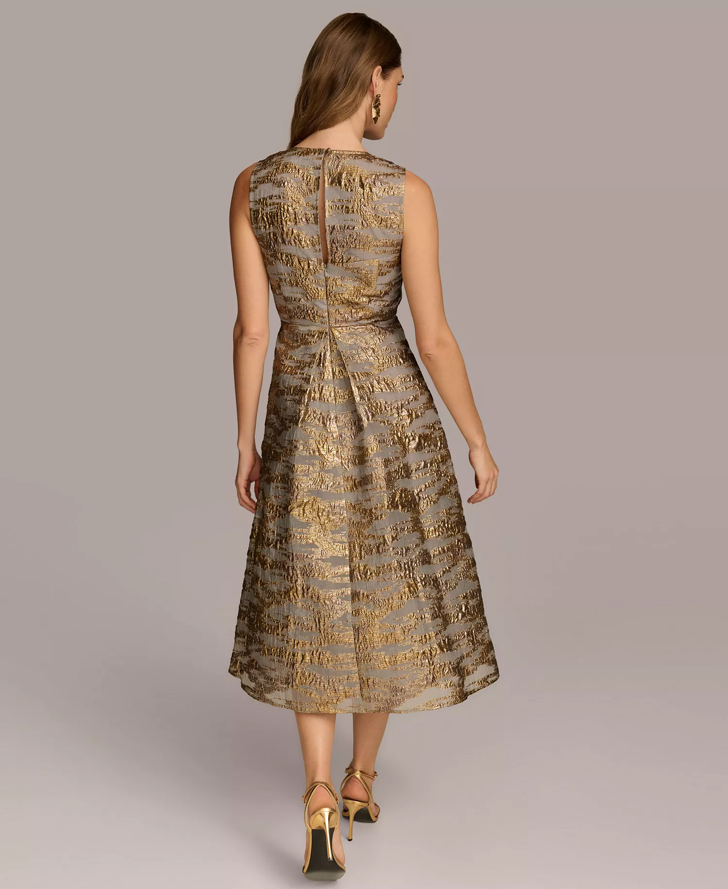 Women's Sleeveless Pleated Brocade Organza Midi Dress - Gilded Multi - 10