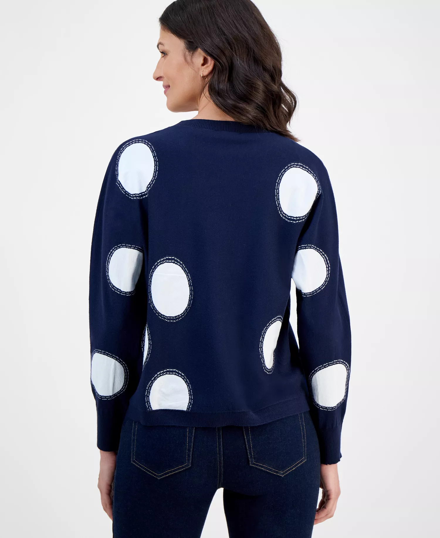 Women's Intarsia Polka-Dot Dolman-Sleeve Sweater - Navy With White - L