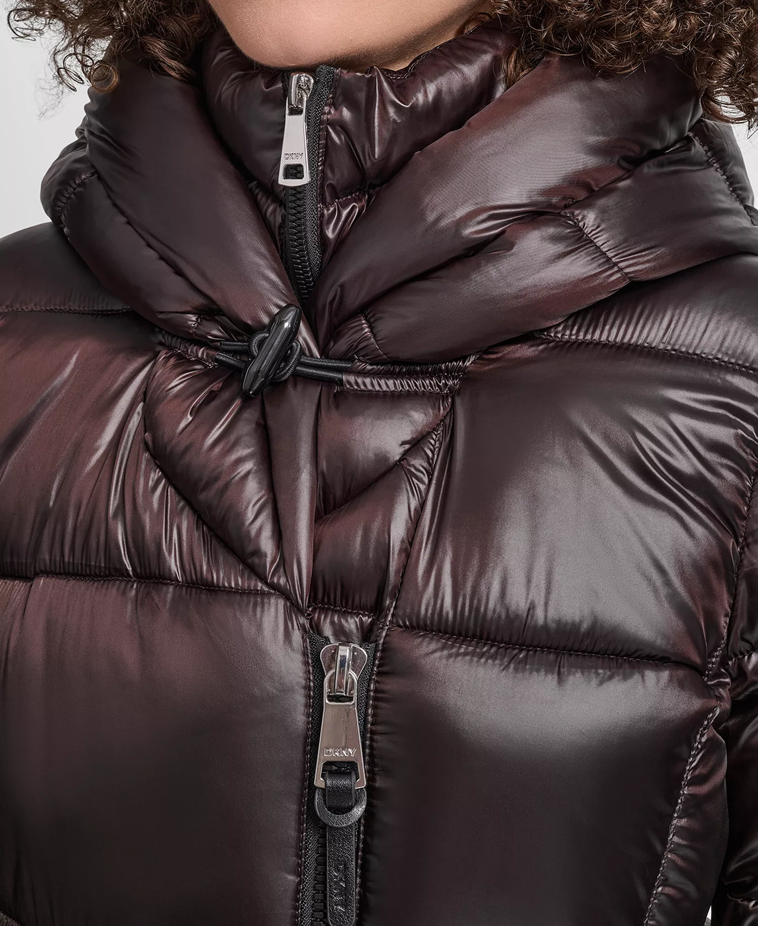 Women's Bibbed Shawl-Collar Packable Shine Puffer Coat - Bitter - L