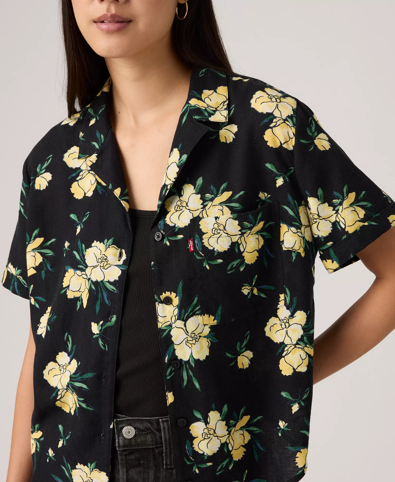 Women's Printed Short-Sleeve Camp Shirt - Blake Brushstroke Floral V5 Rattan - L
