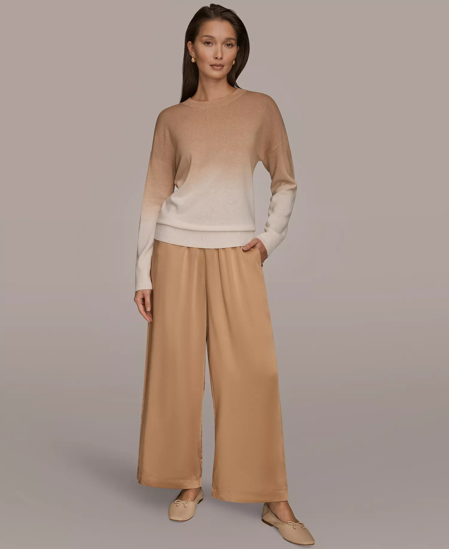 Women's Long Sleeve Wool Cashmere Blend Dye Dip Sweater - Cream/Fawn - L