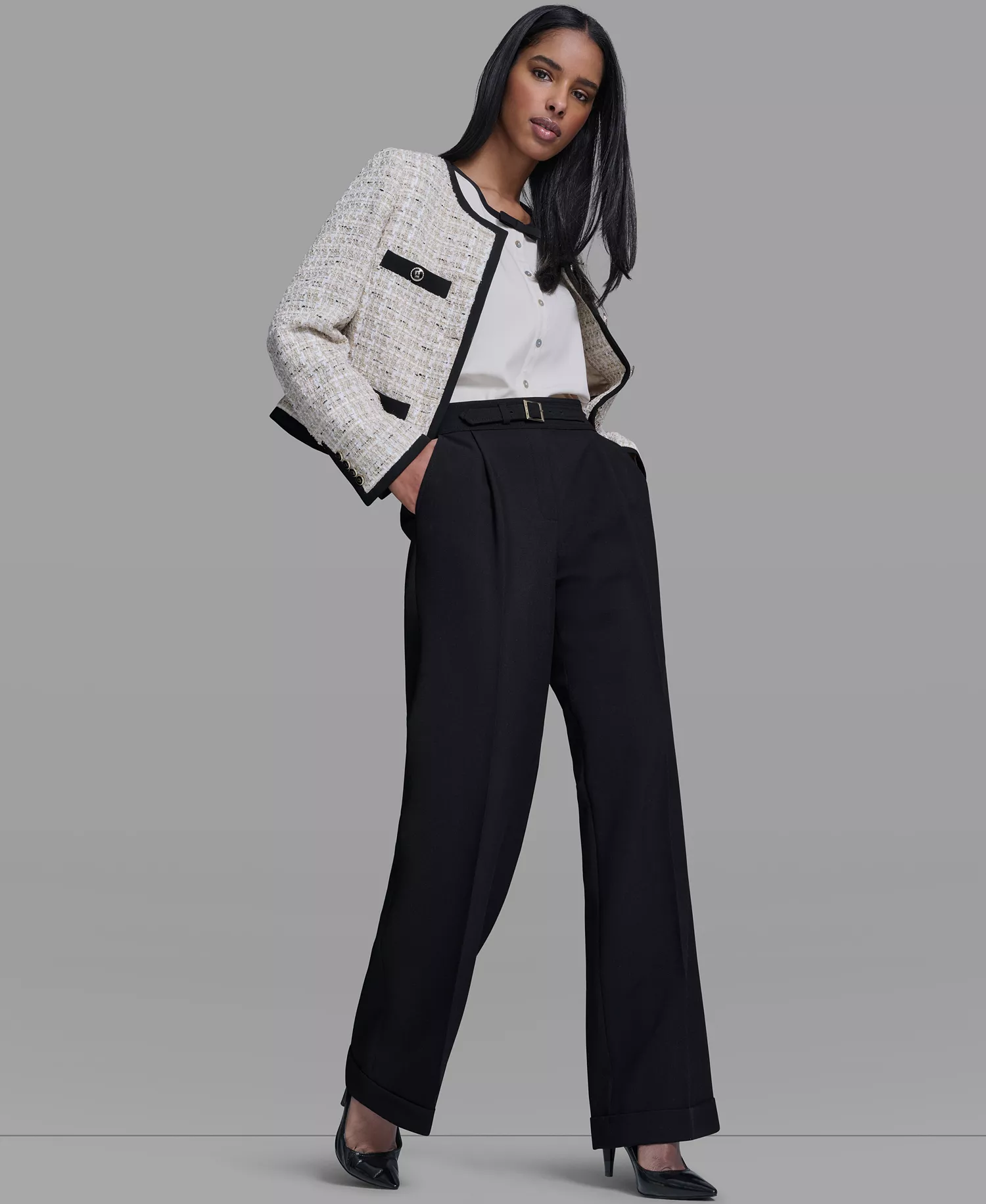 Women's Five-Button Round Neck Tweed Jacket - French Beige Multi - 0