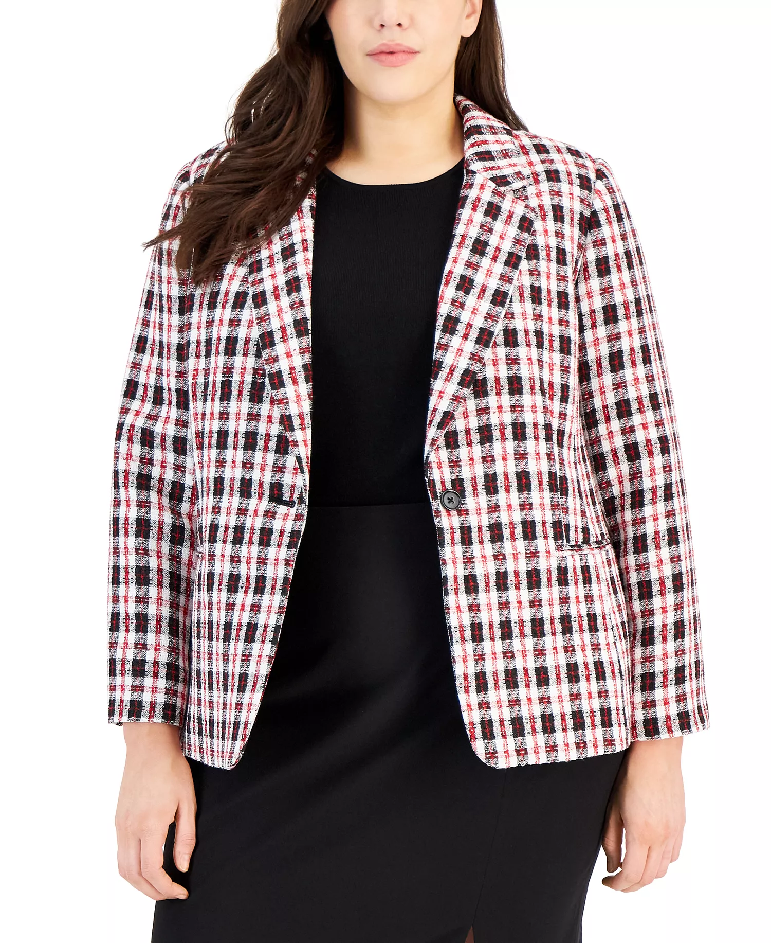 Plus Size Plaid Long-Sleeve Blazer - Ivory Blac - 24W