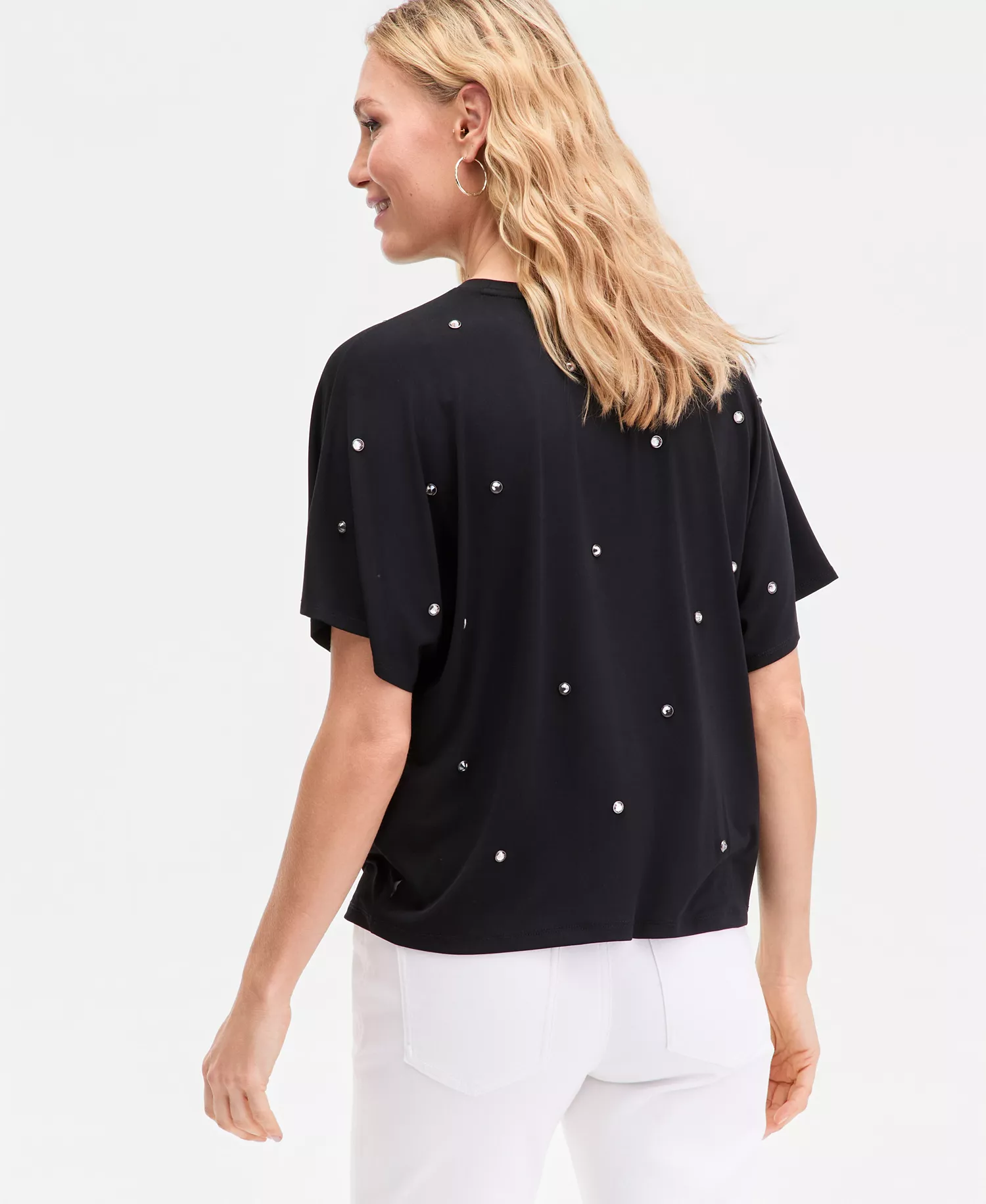 Women's Short Sleeve Crystal Embellished T-Shirt, Macy's Exclusive - Deep Black - L