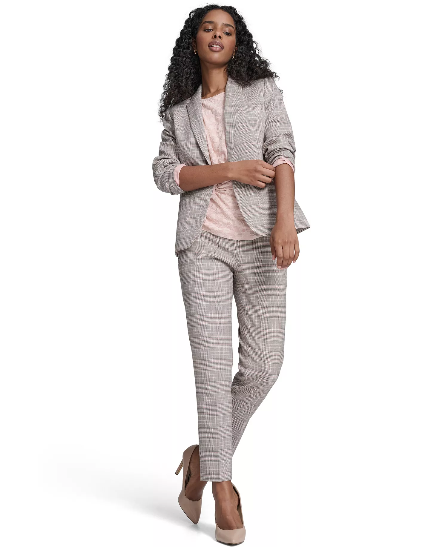 Women's Plaid One Button Blazer Jacket, Floral Clip Draped Crew Neck Top, and Plaid Sloane Ankle Pants - Pale Pink Multi - 0